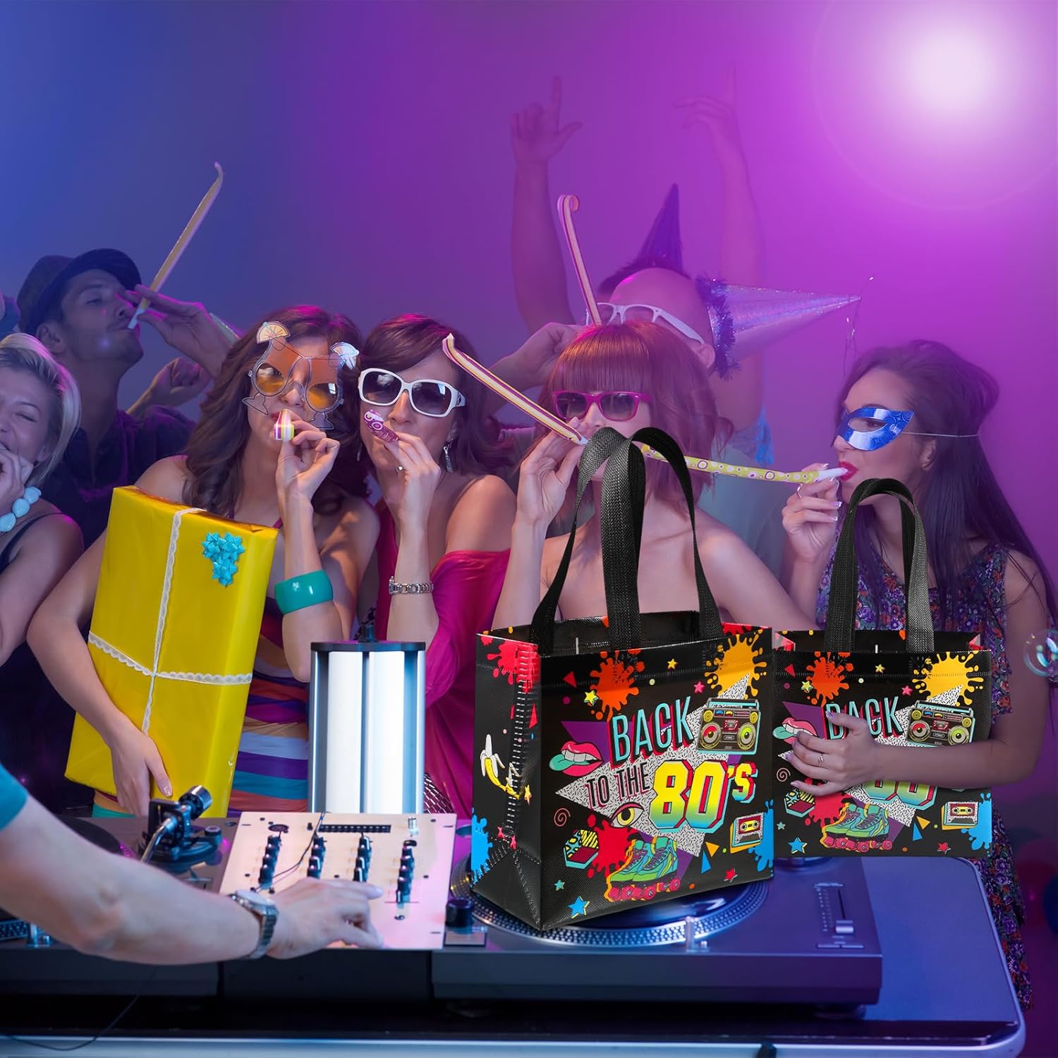 Blosssound 30 Pcs 80s Party Favor Bags Bulk Back to the 80's Nonwoven Gift Tote Bags Hip Hop Candy Goodie Treat Wrapping for Retro 1980s Theme Neon Disco Rock Hippie Birthday Party Supplies Decoration - Image 6
