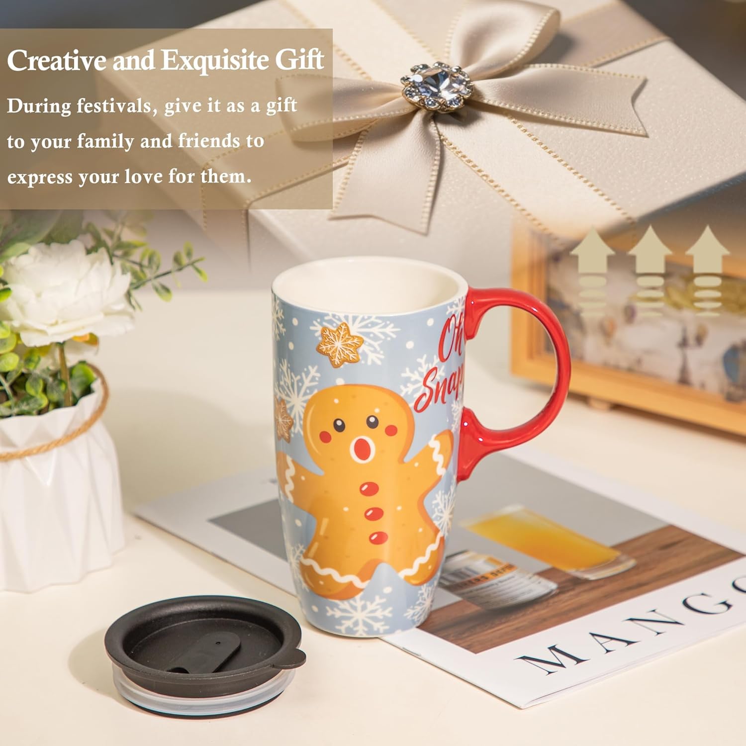 Topadorn Christmas Coffee Ceramic Mug Porcelain Latte Tea Cup With Lid 17oz. Gingerbread - Image 5