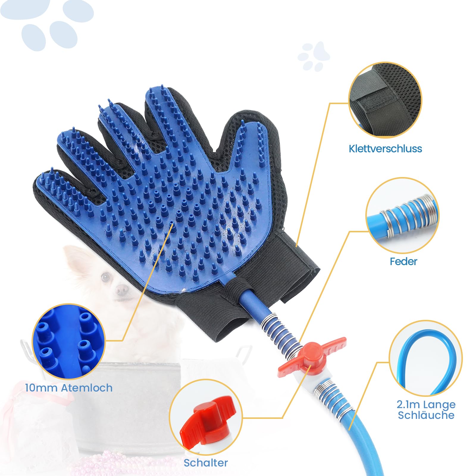 4 in 1 Hundebadbürste, Haustier Duschkopf, Hunde Badebürste mit 2.1 Meters PVC Schlauch und 3 Schlauchadapter, Hundebürsten für Schrubben, Massieren und Pflegen