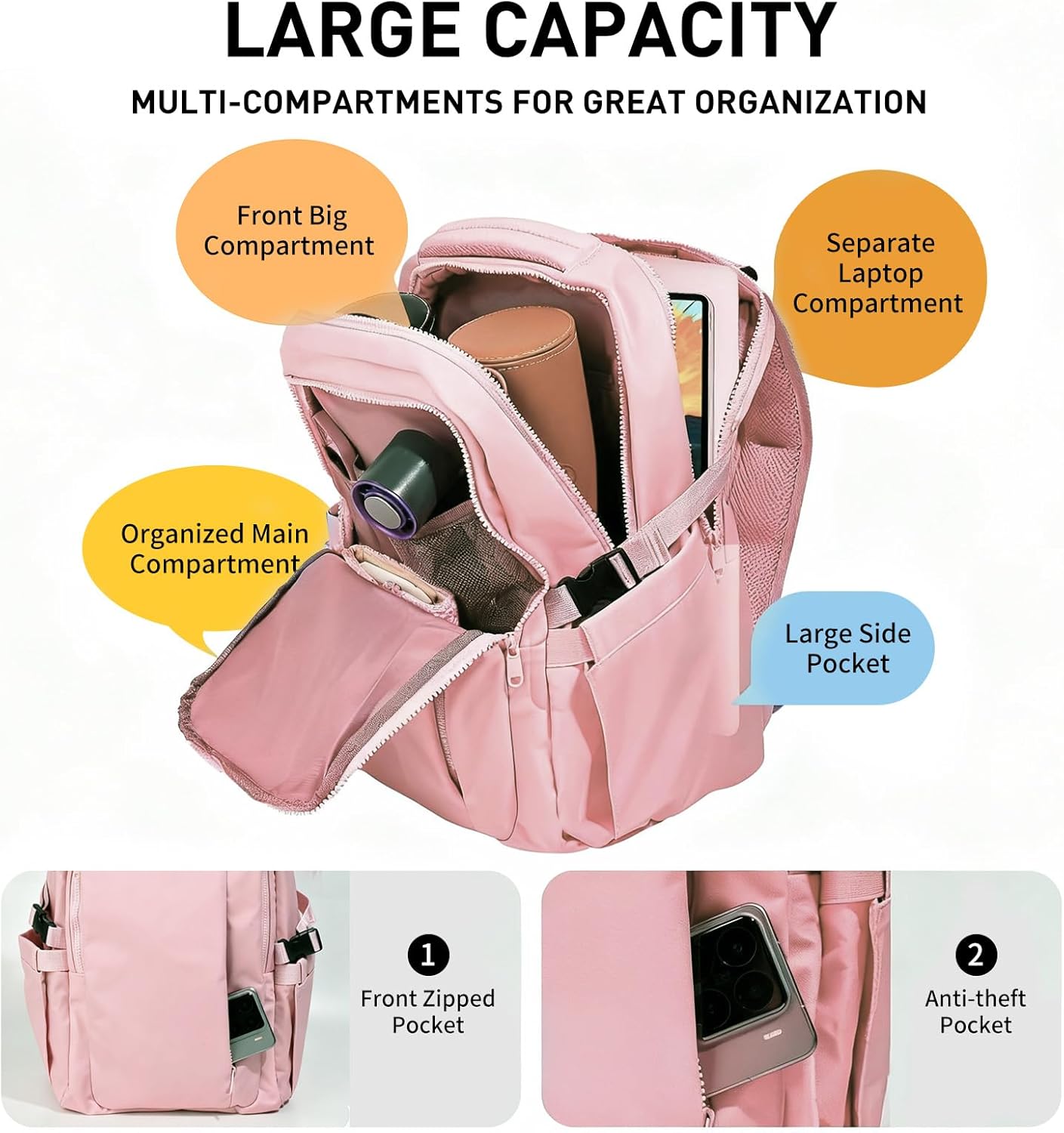 Travel Backpack for Women Men Carry on Backpack, Airline Approved Large Travel Bag Flight Approved Personal item, 15.6 Inch Laptop Backpack Casual Daypack for Weekender Business Hiking-PINK