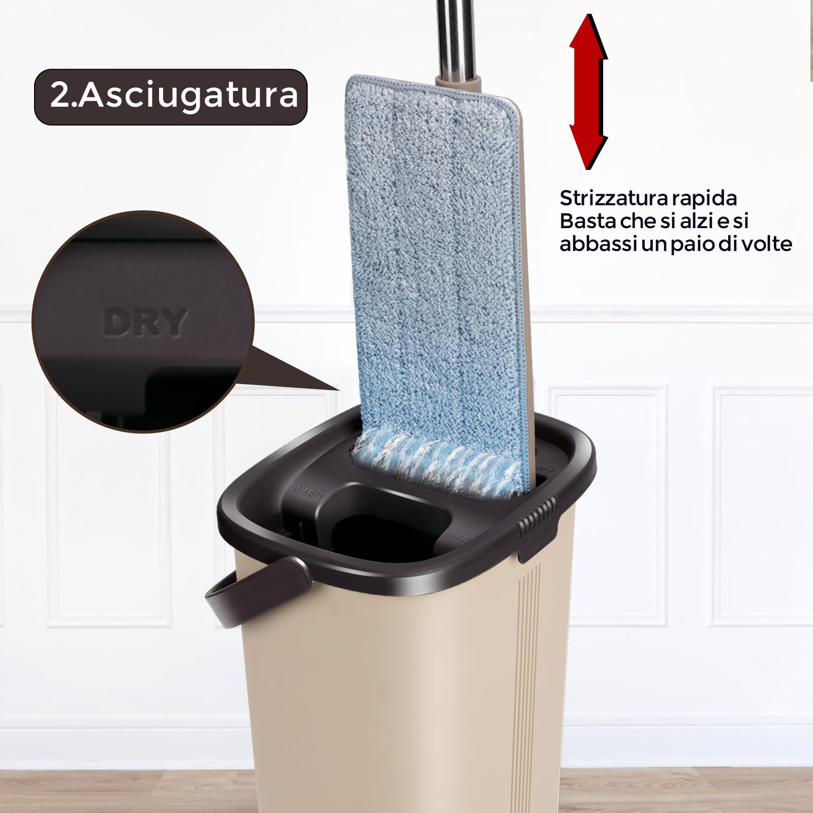 Mocio Lavapavimenti e Secchio Strizzatore, Masthome Mocio Piatto Professionale,Mocio in Microfibra con Secchio,per Lavaggio Pavimenti,Strizzatura a Mani Libere,con 6 Panni Riutilizzabili,Beige