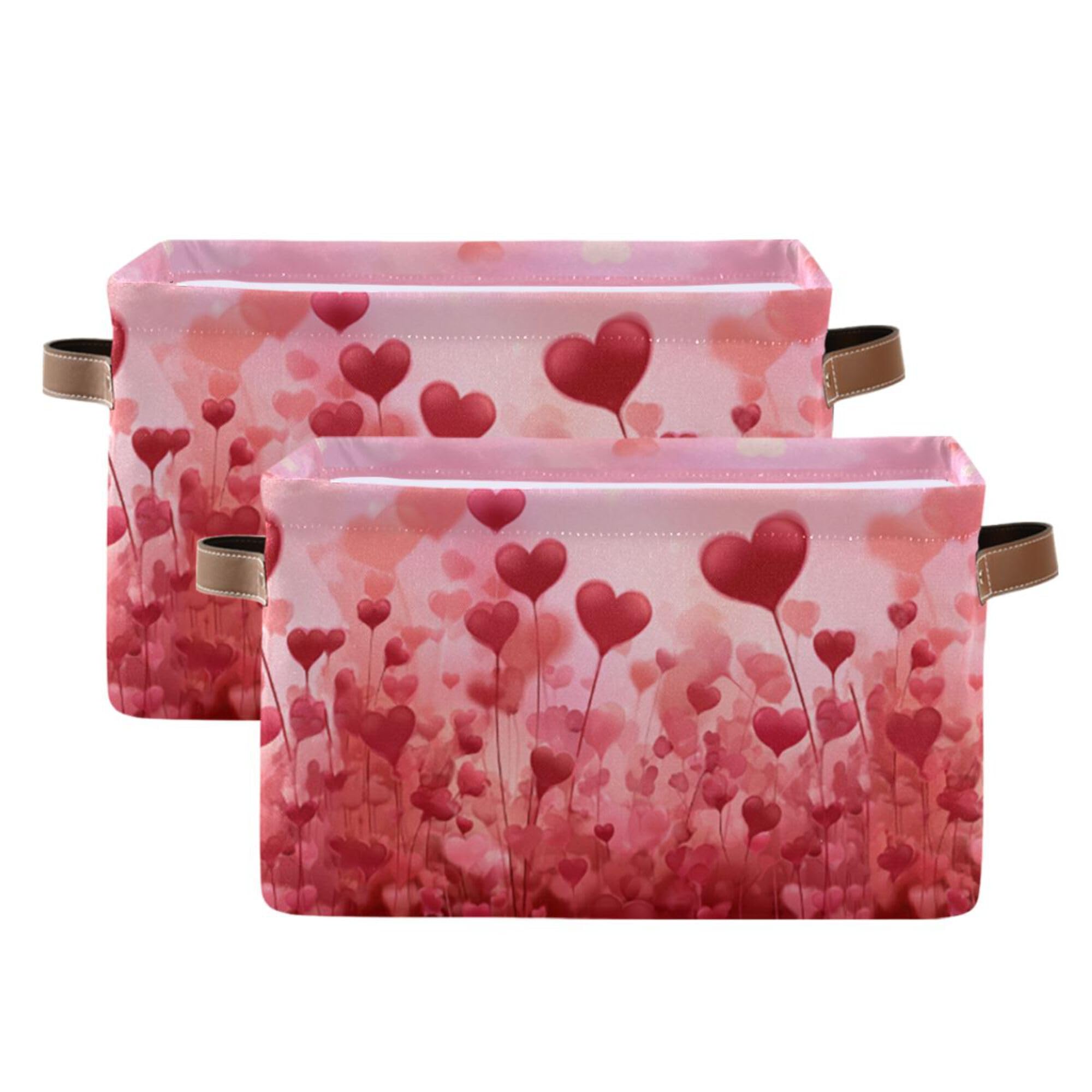 Wamika Happy Valentine’s Day Pink Storage Basket with Waterproof Liner and PU Handles Love Trees Heart Flowers Red Storage Boxes 14.2" Collapsible Decorative Baskets for Bedroom Closet Office 2 Pack