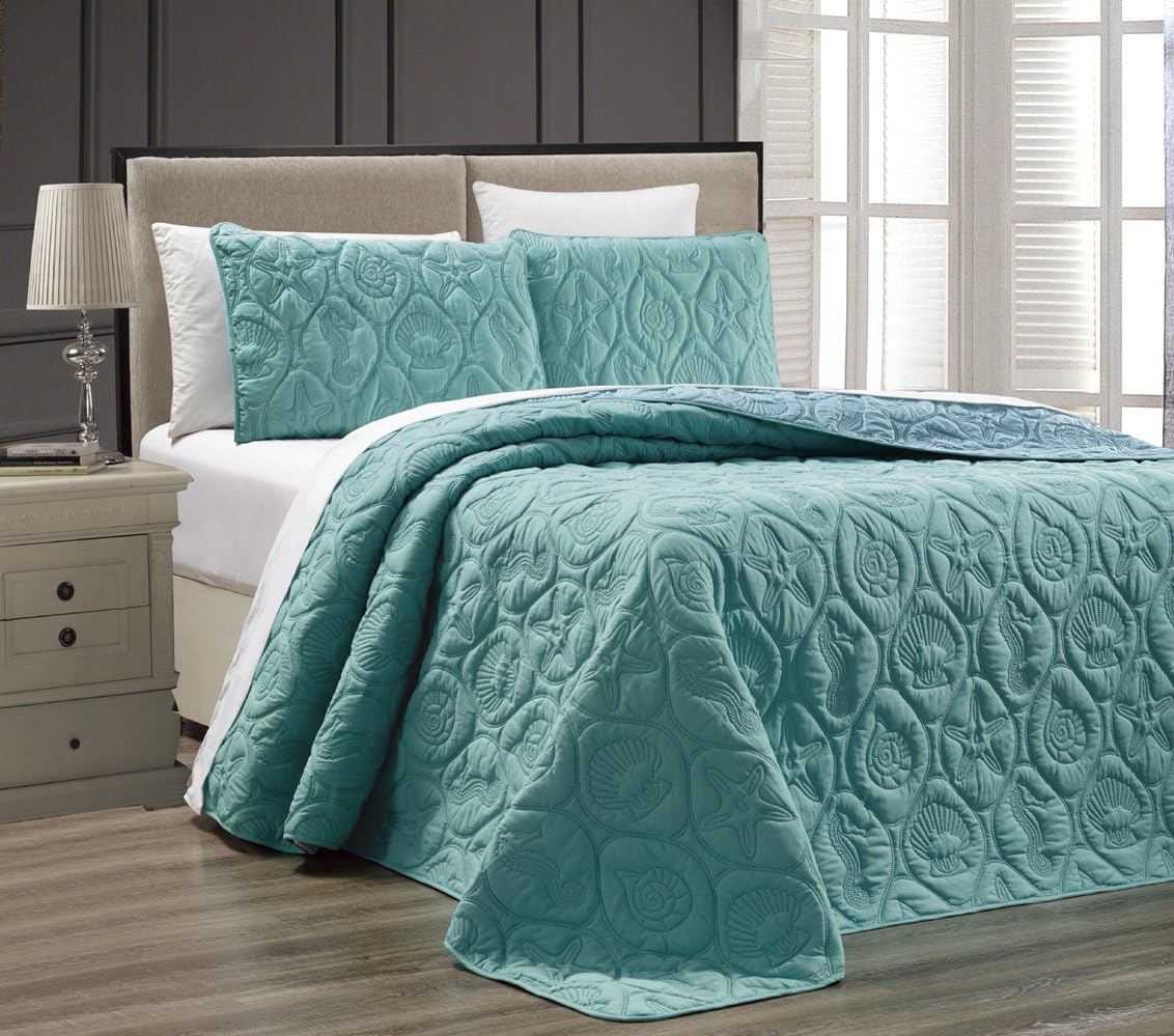 Grand Linen 3-Piece Tropical Coast Seashell Beach King Oversize Oversize Bedspread Turquoise/Blue Reversible Coverlet Embossed Bed Cover Set. Sea Shells, Sea Horse, Starfish etc.