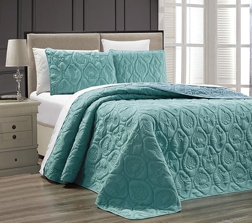 Grand Linen Juego de funda reversible de 3 piezas con diseño de concha de mar tropical (California), tamaño California King de gran tamaño,