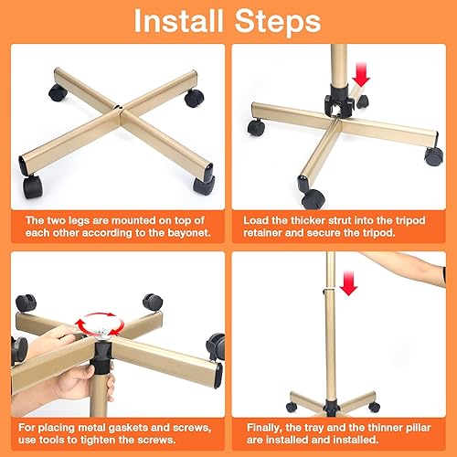 Miniatura 7 de Fuehomue Bandeja de salón, bandeja de salón de oro champán, carrito de bandeja de salón con altura ajustable, bandeja de estilista de peluquería,