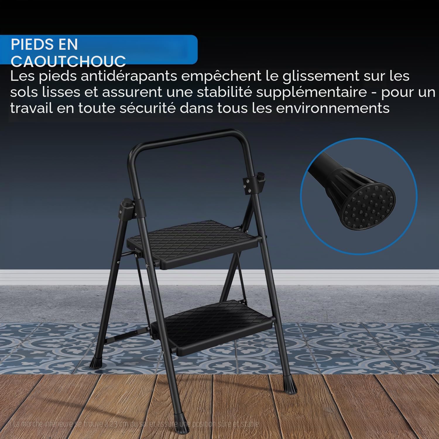 kör4u Escabeau à 2 marches, charge maximale jusqu'à 150 kg, pliant et peu encombrant, escabeau domestique stable, marches antidérapantes, cadre en acier, noir