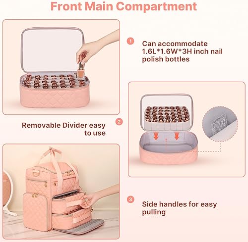 Miniatura 5 de JKAOO Bolsa organizadora de esmalte de uñas, estuche de viaje para 70 botellas, organizador de esmalte de uñas con 2 fundas extraíbles y bolsillos