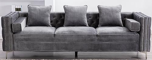 Legend Furniture Sofá de terciopelo grande y cómodo para sala de estar sofá Chesterfield de 3 asientos 104 pulgadas gris