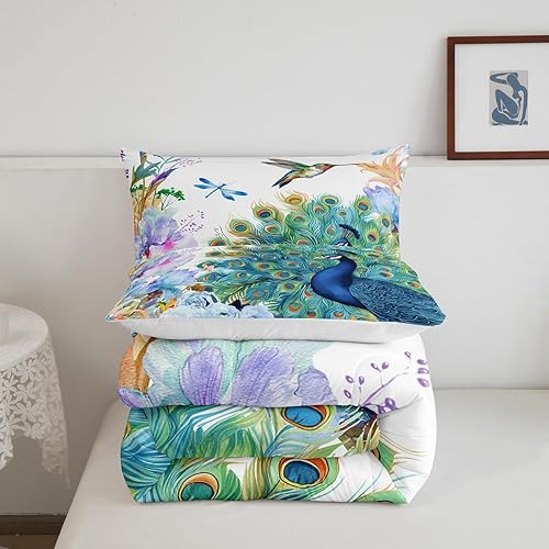 Miniatura 5 de Juego de edredón de plumas de pavo real, colibrí, libélula y libélula, juego de ropa de cama con patrón de flores y pájaros para niñas y mujeres,