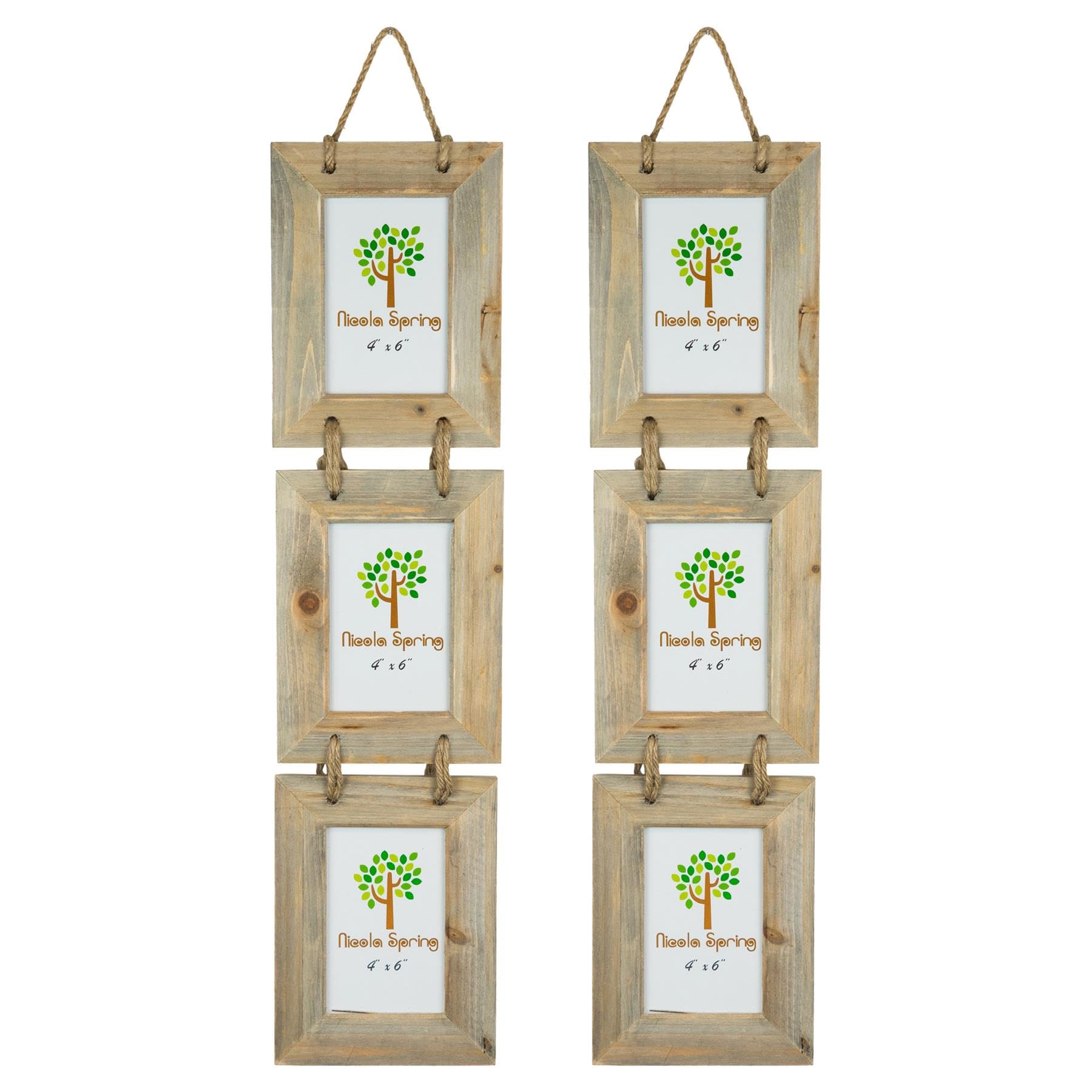 Nicola Spring Hanging 3-Photo Frame - Fits Photo Size 4 x 6 (10 x 15cm) - Pack of 2 - Rustic Natural Wooden Picture Frame Wall Mounted Portrait Orientation Rope Hanging Certificate Poster