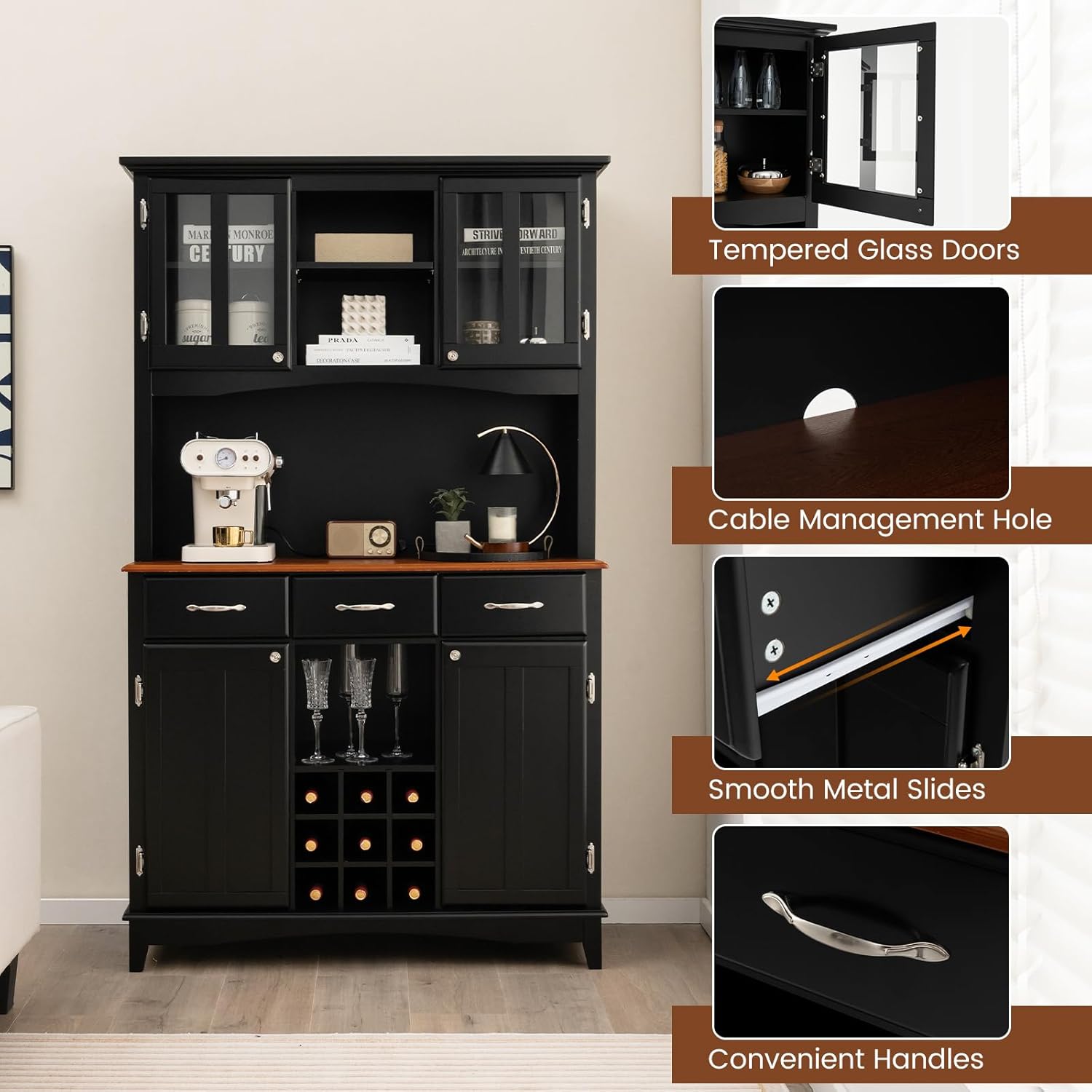 COSTWAY Kitchen Hutch Storage Cabinet, Freestanding Pantry Buffet Sideboard, Modern Buffet Cupboard w/Wine Rack, Adjustable Shelves, Tempered Glass Cabinets, Drawers, Microwave Stand (Black)