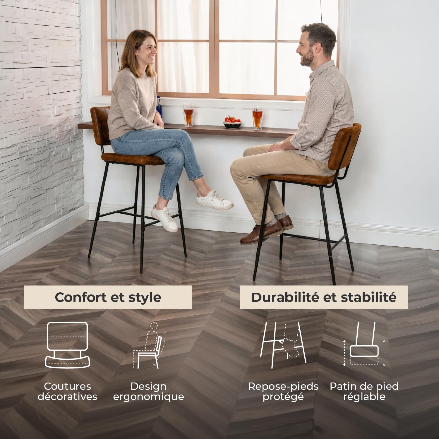 Meuble Cosy Lot de 2 Tabouret de Bar Industriel avec Dossier et Repose-Pieds, Siège Rembourrés de 75 cm de Haut, Chaises Hautes en Suédine Cadre en métal, Marron