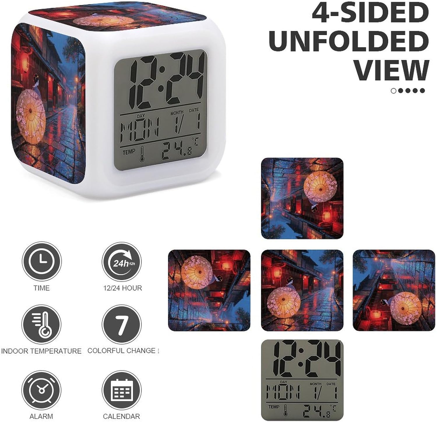 Kyoto Geisha Paper Umbrella Alarm Clock NightLight Alarm Clock with 7 Color Changing Night Light Smart Digital Clocks Temperature Date for Heavy Sleepers Simple Operation Easy to Use image 4