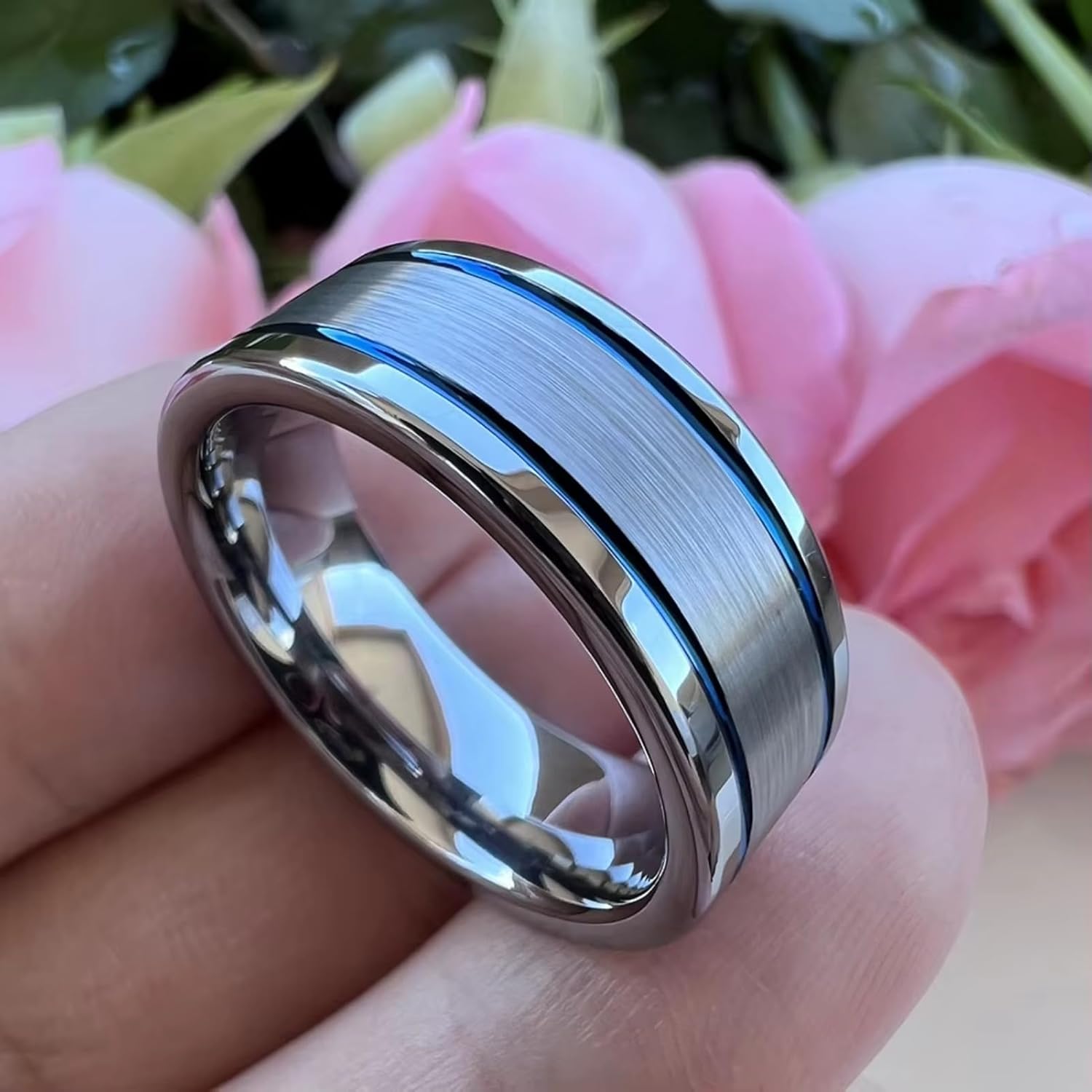 Jewelry 8mm Two Lines Flat Blue Tungsten Wedding Band for Men Women Engagement Finger Rings - Image 3