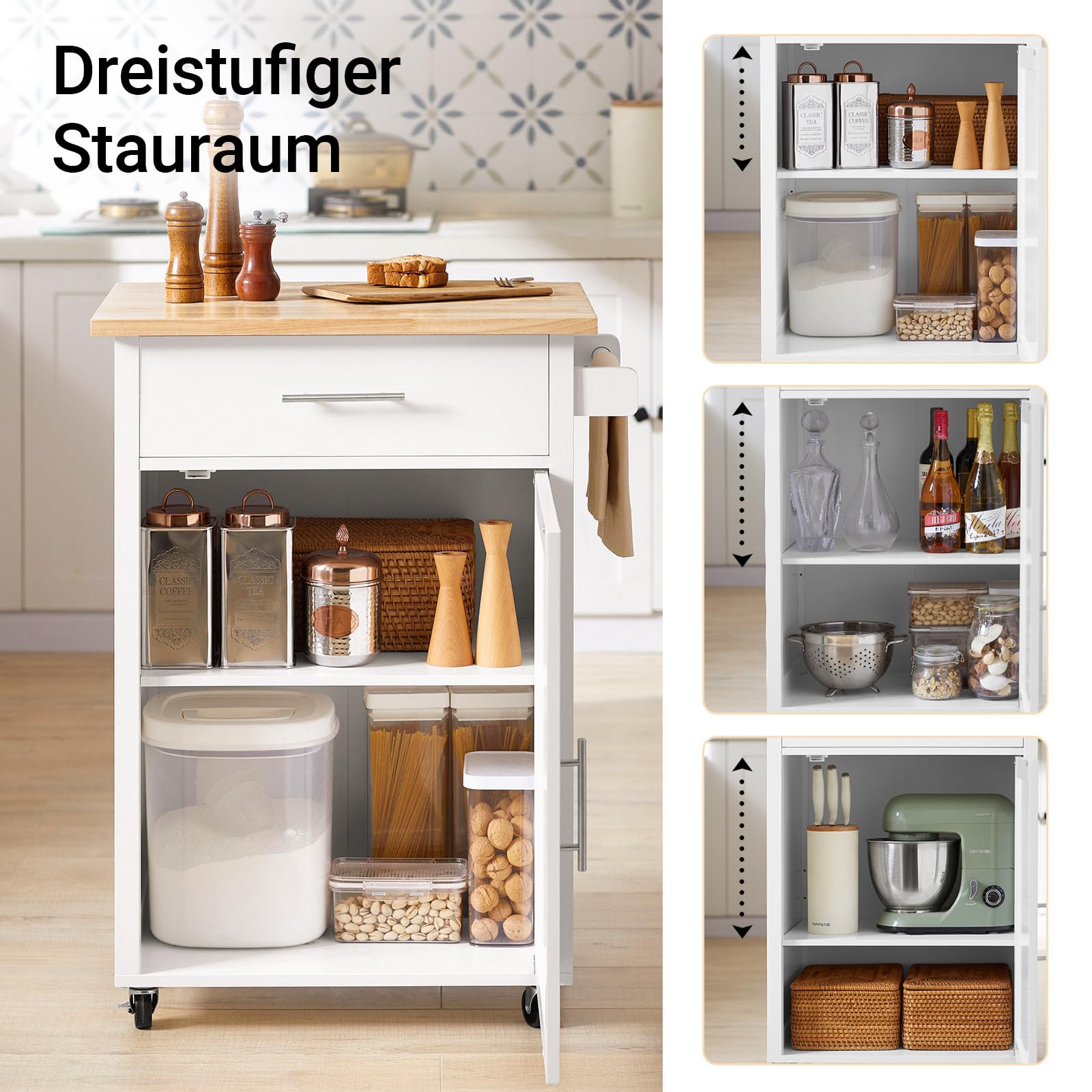 SoBuy Servierwagen mit Rollen Küchenwagen mit Arbeitsplatte Rollwagen Küche Beistellwagen Regal Küche weiß-Natur BHT ca. 68x90x46cm FKW102-WN