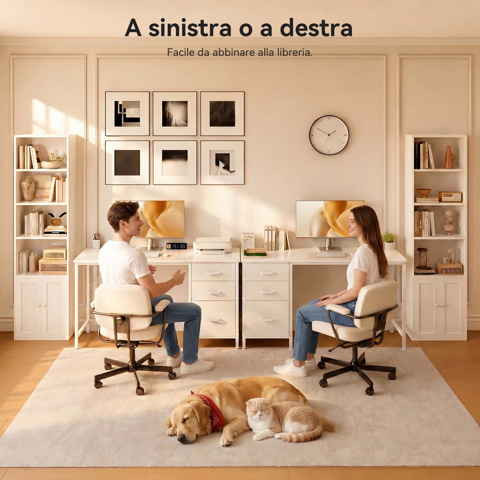Coleshome Set Mobili Ufficio, Scrivania 120x48cm con 3 Cassetti e Portacuffie & Libreria a 6 Ripiani con Ante 176cm, Set Scrivania e Scaffale Salvaspazio per Casa e Studio, Bianco