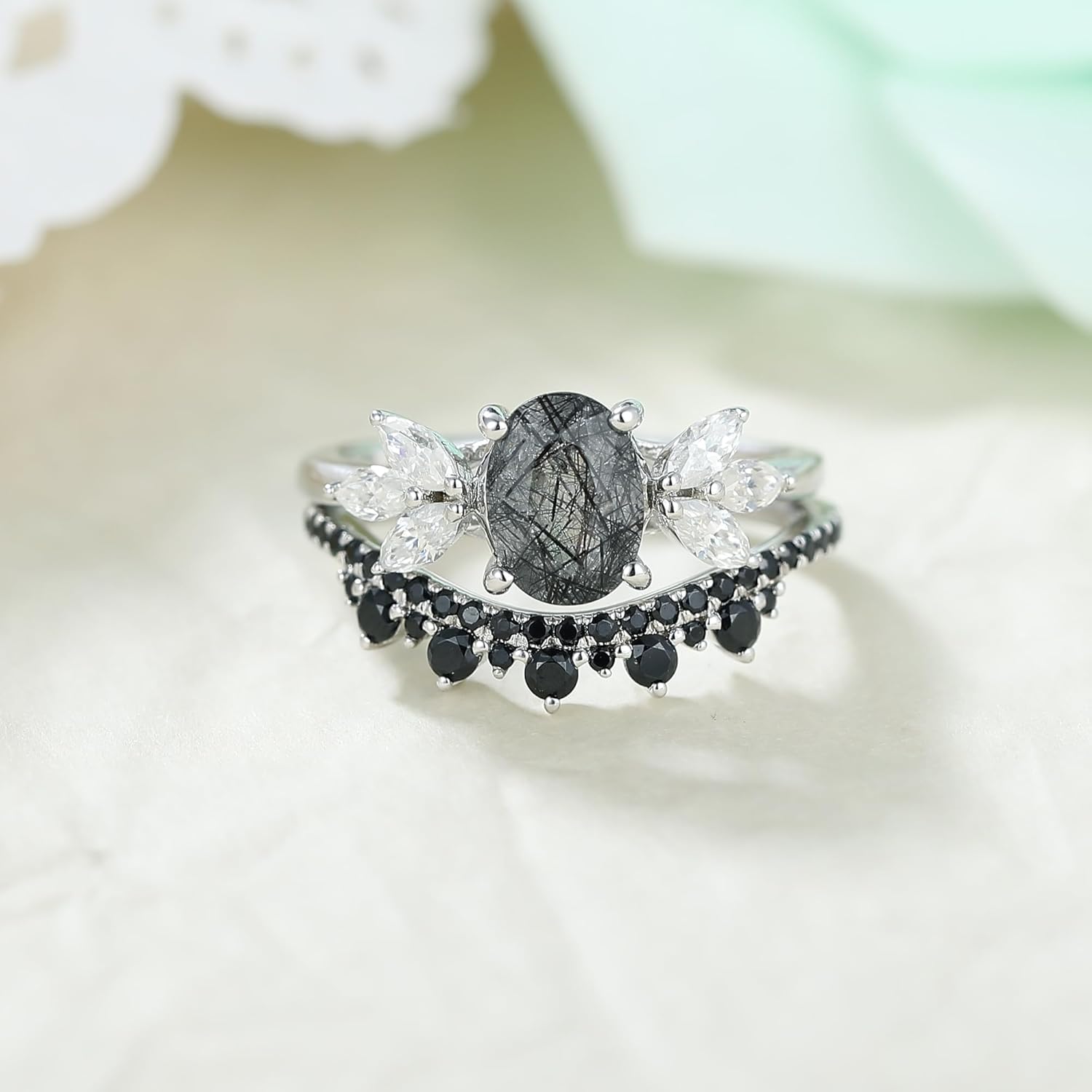 Oval Natural Black Rutilated Quartz Celtic Knot Bridal Wedding Ring Sets with Black Gold or Platinum Plated 925 Sterling Silver, Irish Gothic Engagement Rings and Spinel Trinity Annversary Band Size 4-9 - Image 2