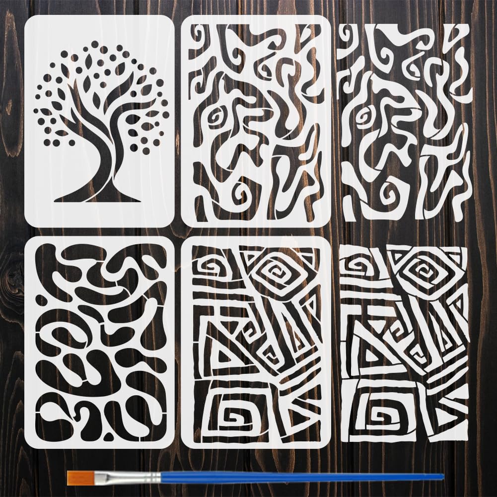 FINGERINSPIRE 4Pcs Abstract Elements Stencils with a Brush 29.7x21cm 4Styles Floral Pattern Painting Stencils Tree of Life Drawing Stencil PET Floral Themes Template for Home Decoration