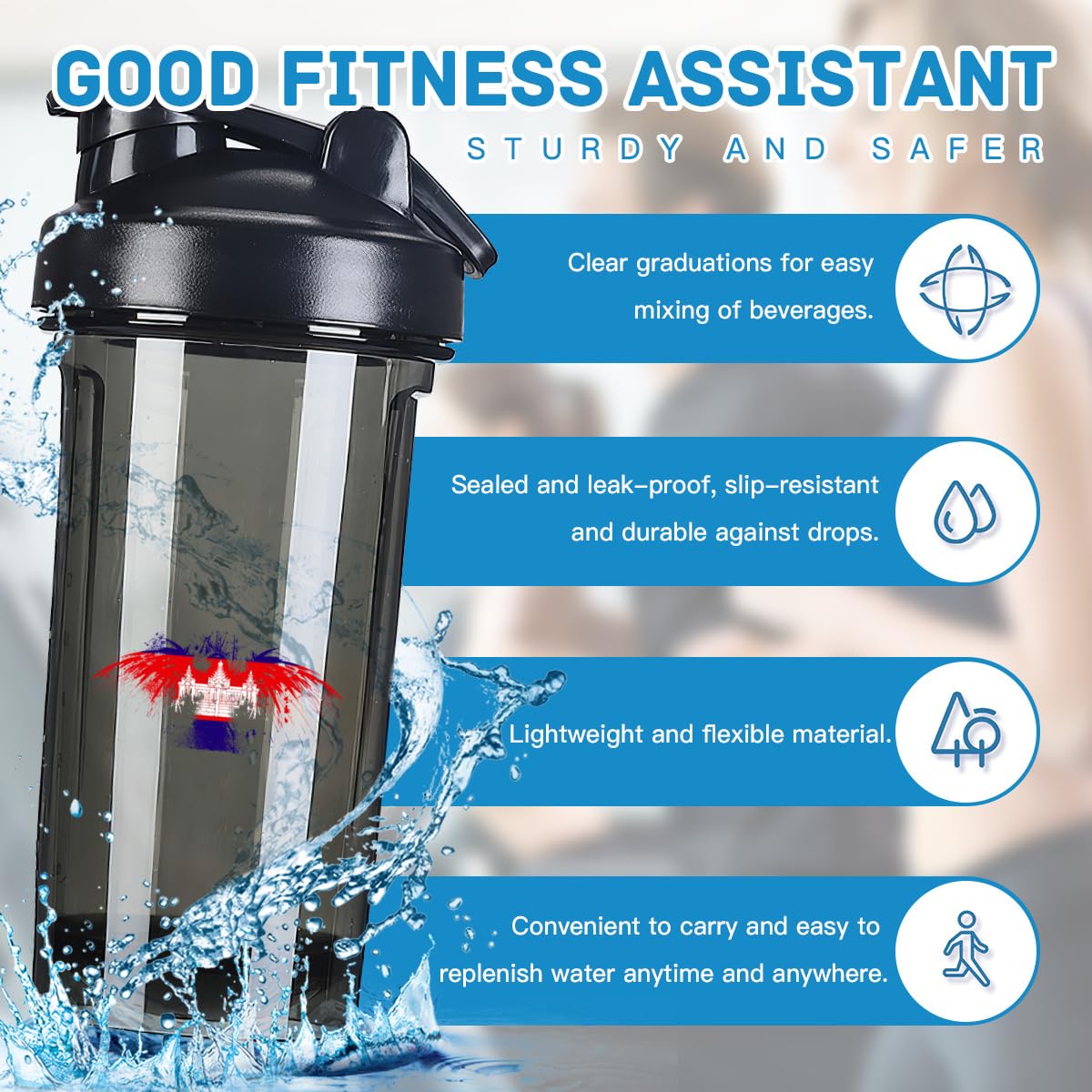 Cambodian Flag 18 Ounce Shaker Bottle Drink Mixer Leak-proof Pre Workout Protein Shakes Meal Replacement Shakes Bottles 500ML/18 Oz Black&-3&-3