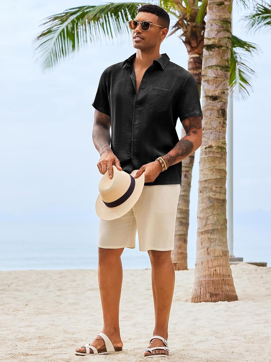 Runcati Mens Button Down Shirts Casual Short Sleeve Shirt Textured Linen Summer Beach Tops with Pocket - Image 5