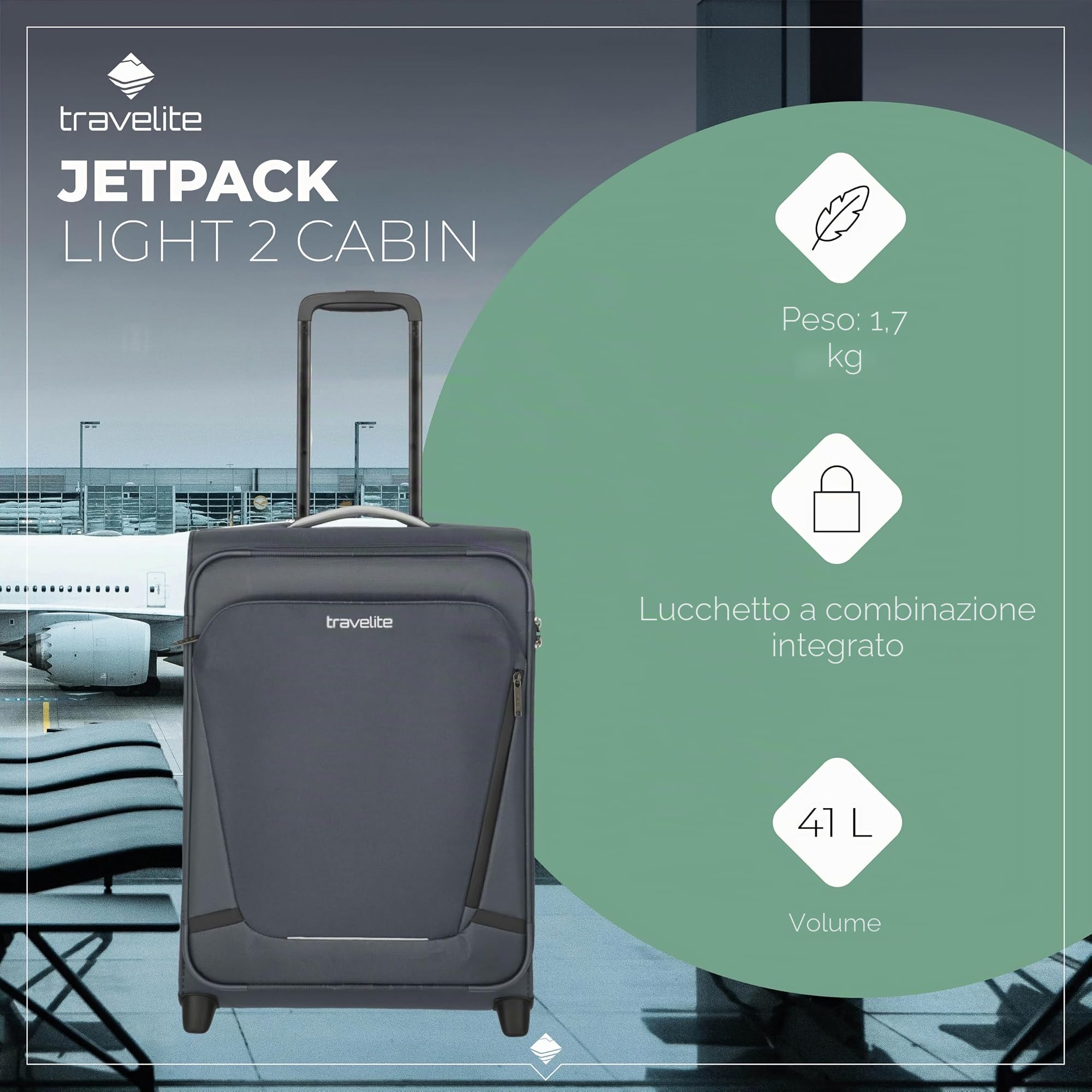 travelite valigia a mano con 2 rotelle per Condor + Ryanair, serratura a combinazione integrata, trolley superleggero con funzione di aggancio, 55x40x20 cm, 41 l, 1,7 kg