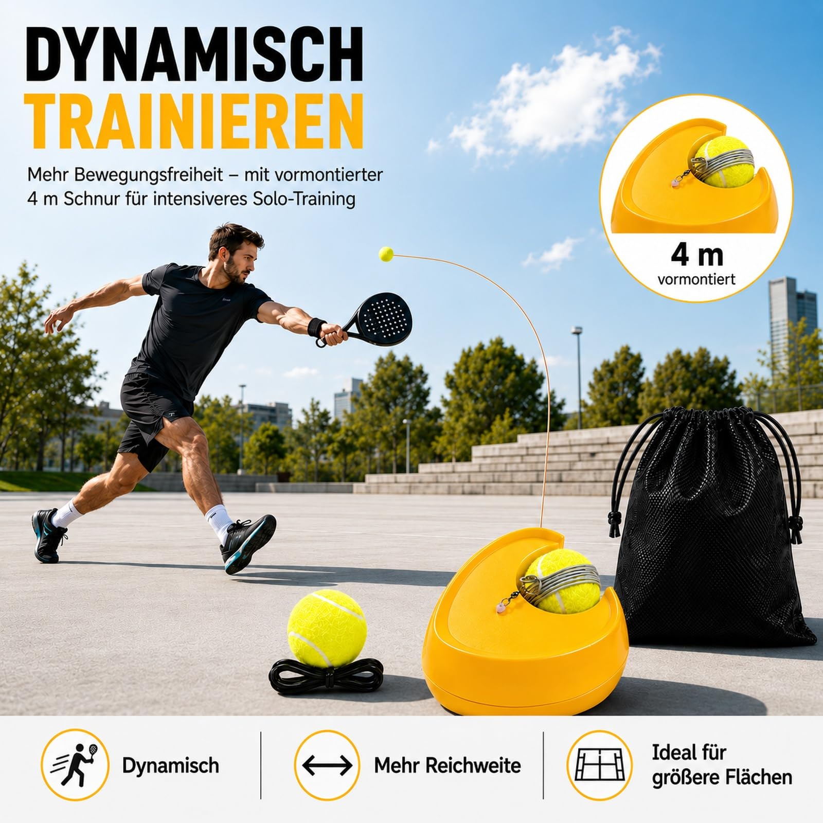 Tennis Trainer Set mit Ball an Schnur – Tennistrainer mit standfester Basis ohne Wasserbefüllung, 2 m Schnur + Ersatzball mit 4 m Schnur, Beutel, Solo Trainingsgerät für Tennis & Padel