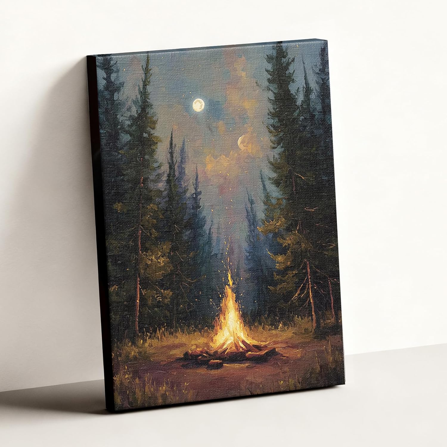 ARPEOTCY LED Canvas Wall Art, 16x20 Inch Forest Campfire Lighted Wall Decor, Rustic Night Scene Canvas Print for Living Room, Bedroom, or Cabin Decoration Campfire in the Woods at Night 20"L x 16"W