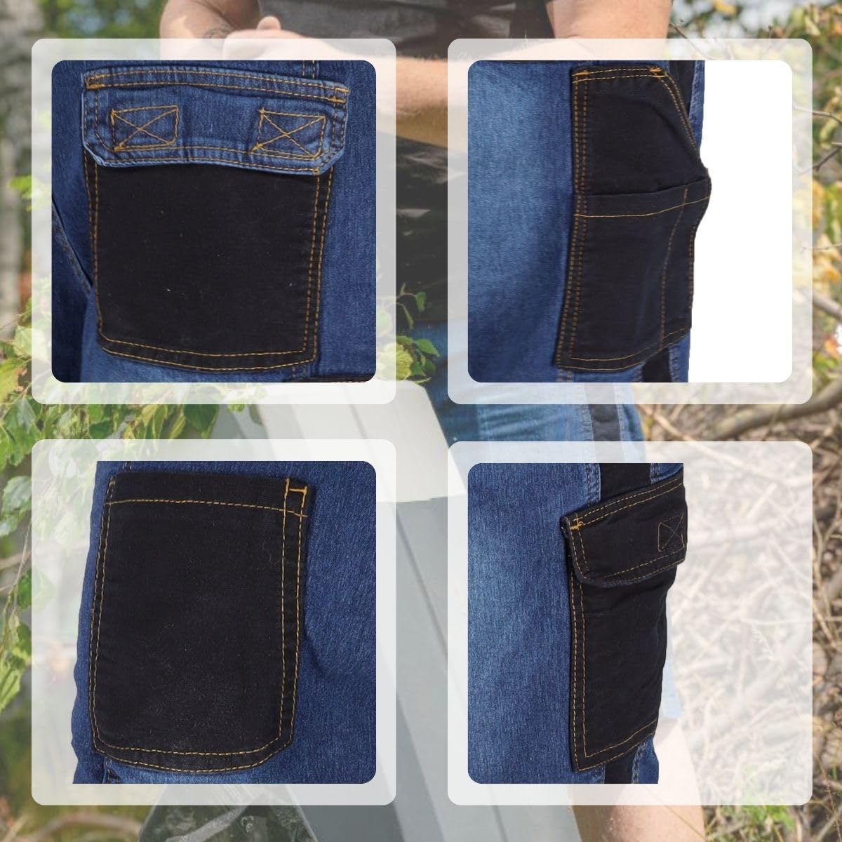 Dedra Jeans-Shorts, Kurze Arbeitsjeans, Denim-Shorts, Gewebegewicht 280 g/m², Slim-Fit-Design, Funktionale Schwarze Taschen - Zwei mit Klettverschluss, Einsätze aus elastischem Material, Metallknopf