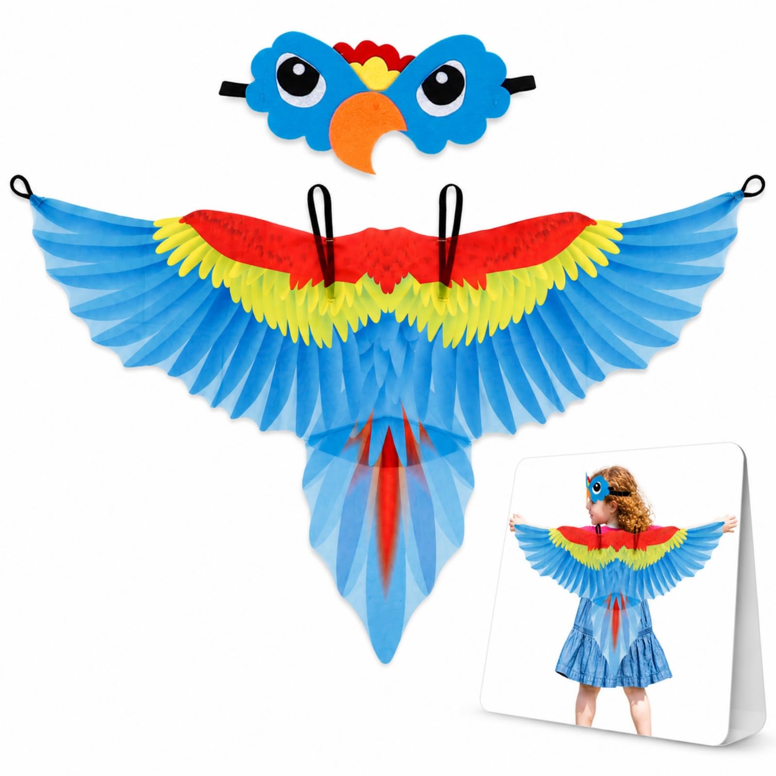Gatuida Parrot Wing Costume Set with Blue Print Cloak and Headpiece for Kid