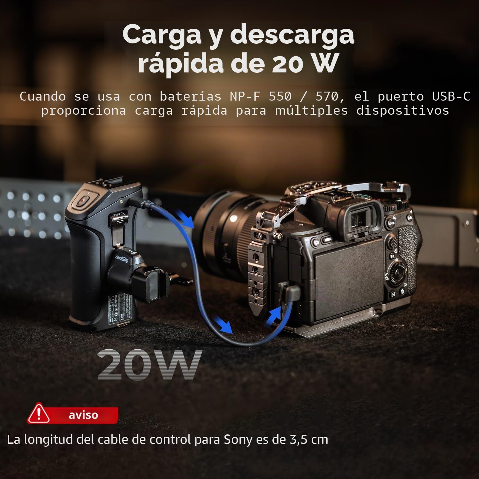 SmallRig Mango lateral giratorio con gatillo REC para cámaras Sony Selected Mirrorless para Sony Alpha 7 IV/Alpha 7R V / A7 III / FX3 / Alpha 9, compatible con batería F550/570, control de obturador