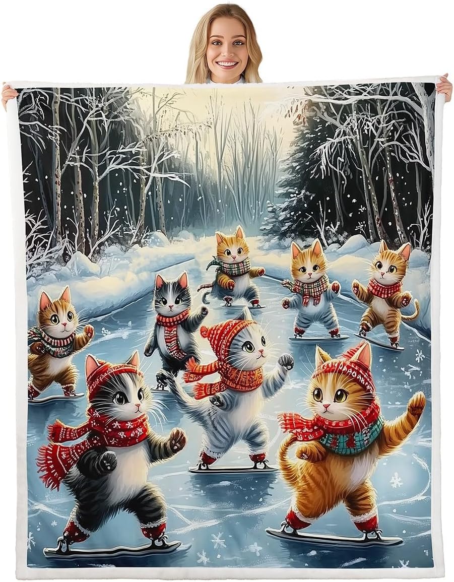 Cartoon Cats Blanket Queen 90x90 Winter Skiing Sports Blanket for Kids Teens Boys Girls Funny Christmas Animal Sherpa Blanket Kawaii Cat Bed Blanket Sofa Bed Couch Decor
