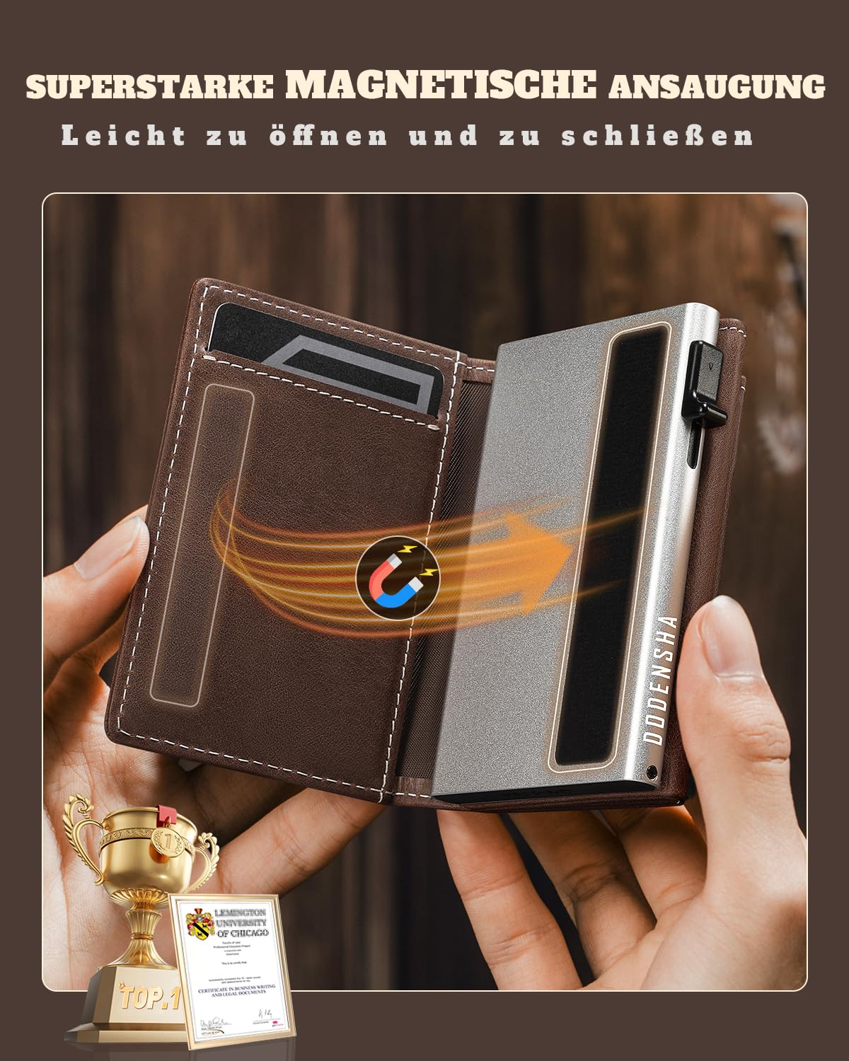 DODENSHA MagSnap Geldbörse Herren I Slim Wallet mit XL-Münzfach für 10+ Münzen I Kreditkartenetui Geldbeutel Herren für 10+ Karten I Magnetischer Verschluss Geldbörse I RFID Schutz I Braun Silbrig