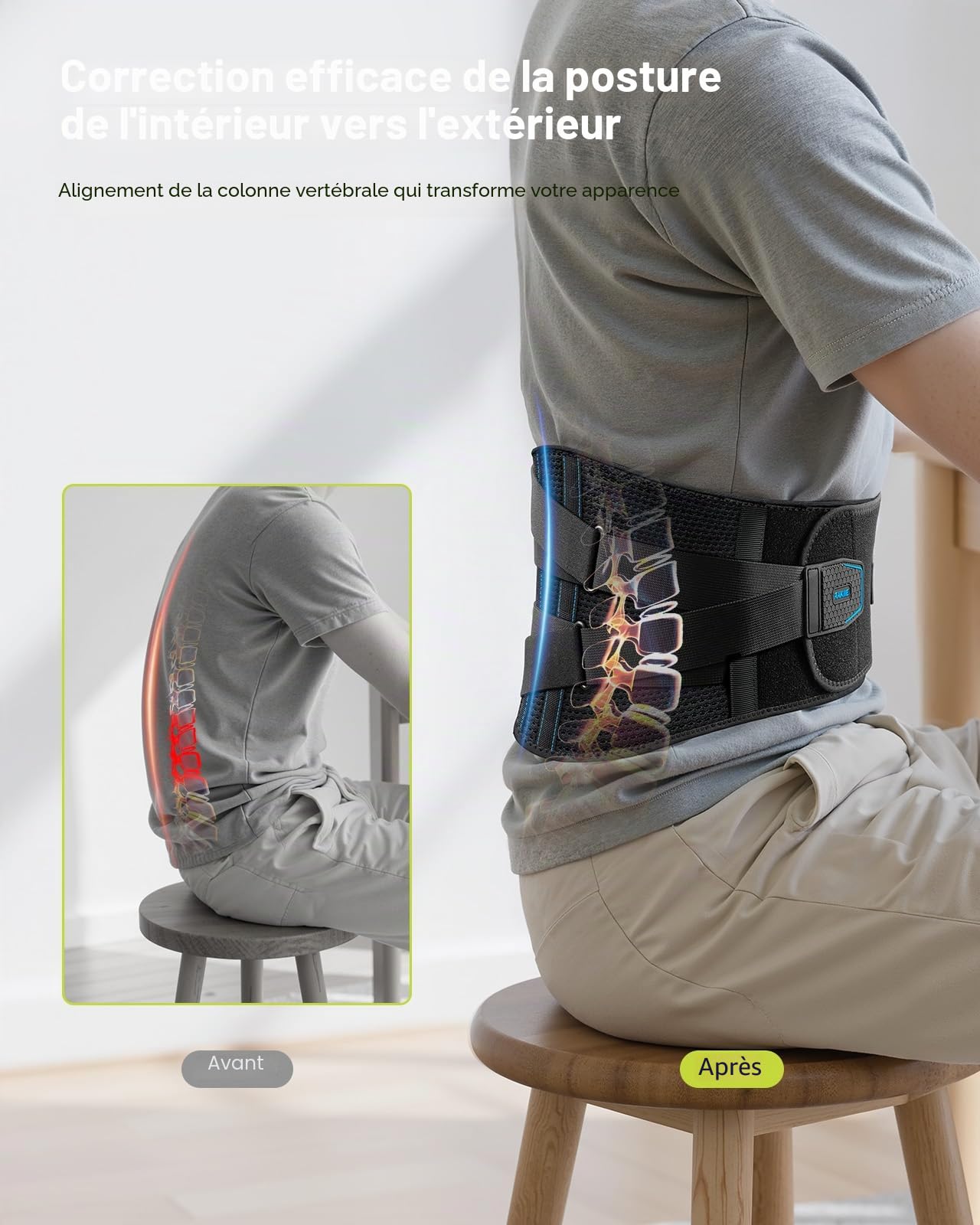 Rakiie Ceinture Lombaire pour Douleurs Lombaires Femmes Hommes, Ceinture de Soutien Dorsal Ergonomique avec Coussin Lombaire, Sangles Réglables et Tissu en Maille Respirant Doux (M)