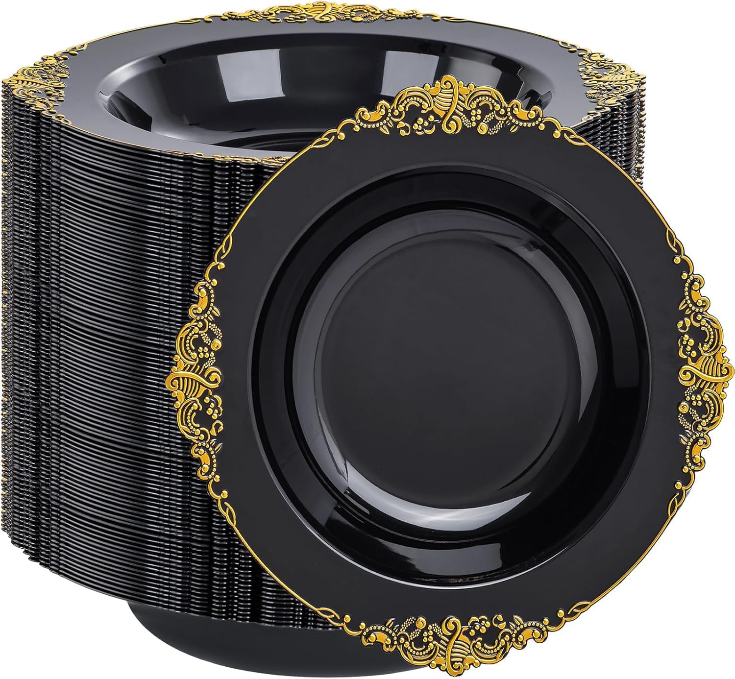 Joyido 100PCS Black Plastic Bowls - 12 oz Black Gold Disposable Salad Bowls - Heavy Duty Soup Serving Bowl - Fancy Plastic Candy Bowl for Weddings, Parties, Dinners, Catering, Picnics