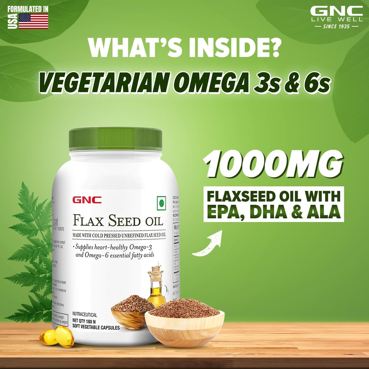 GNC Flax Seed Oil Vegetarian Omega 3s | 180 Capsules | Supports Good Memory | Protects Vision | Relieves Stiffness & Joint Discomfort | Cold-Pressed & Unrefined | USA Formulated - Image 3 thumbnail