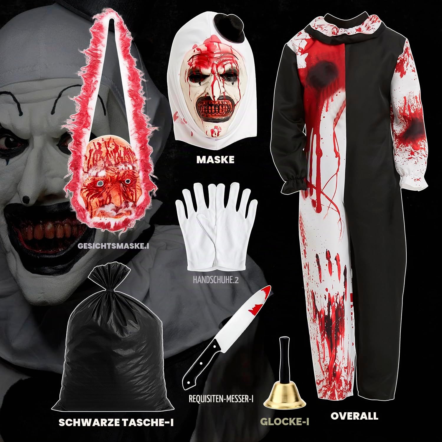 7 Stück Terrifier Kostüm, Art the Clown Costume, Outfits der Killer Clown Overall mit Maske und Weihnachtsmann Gesicht, Movie Terrifier 3 Kostüm für Erwachsene Halloween Karneval Cosplay