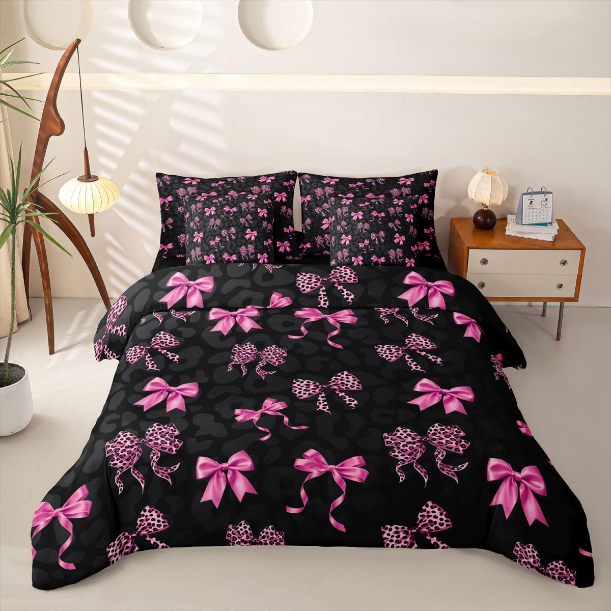 Loussiesd Set di biancheria da letto per bambine con motivo a fiocco, per letto singolo, 7 pezzi, con stampa leopardata rosa, per bambini, ragazzi e ragazze, con copripiumino, lenzuola, federe, federe
