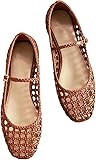 Woven Mesh Ballet Flats for Women with Metal Buckle Strap Ballerina Flat Shoes Comfortable Round Toe Mary Jane Flat. 10 Brown