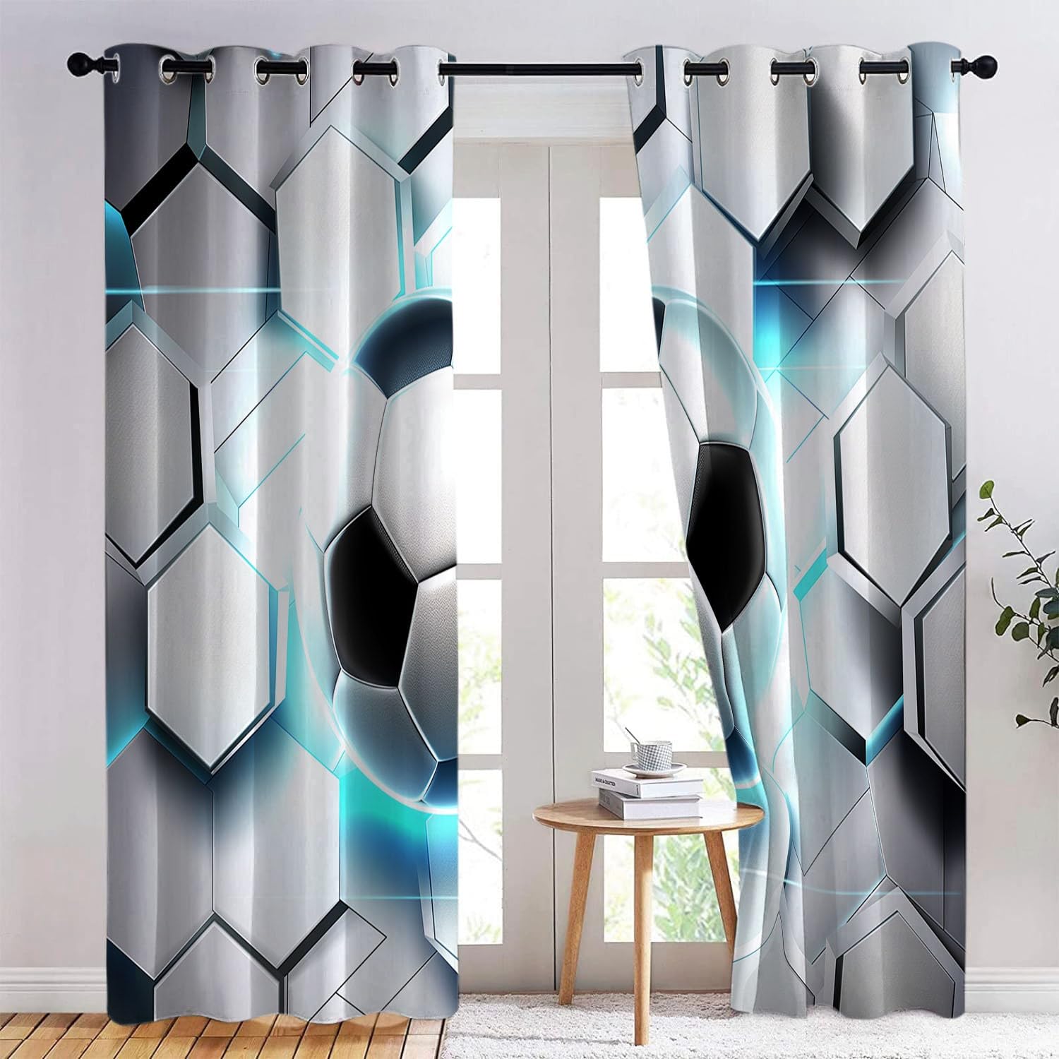 Lot de Rideaux Occultants à Oeillets Isolant Thermique Anti Froid Ballon de Foot Hexagonal animé Imprimés Blanc, Rideaux Salon Chambre pour Enfant Garcon, 110L X 215H cm (2 Panneaux)