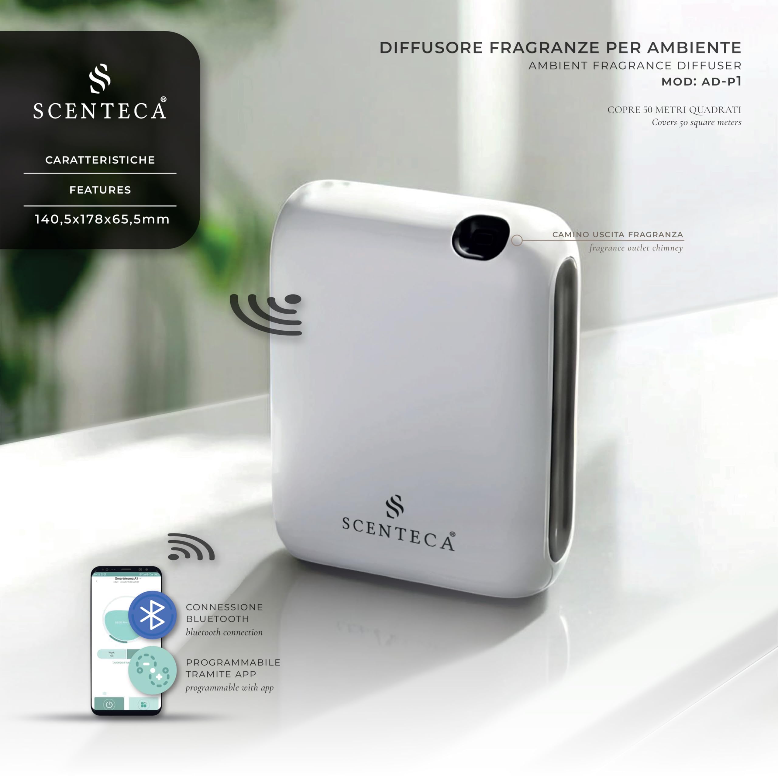 SCENTECA Diffusore elettrico di oli essenziali AD-P1, fragranza Summer Scent 100 ml Inclusa, nebulizzazione senza acqua, programmabile via app, copertura fino a 50 m²
