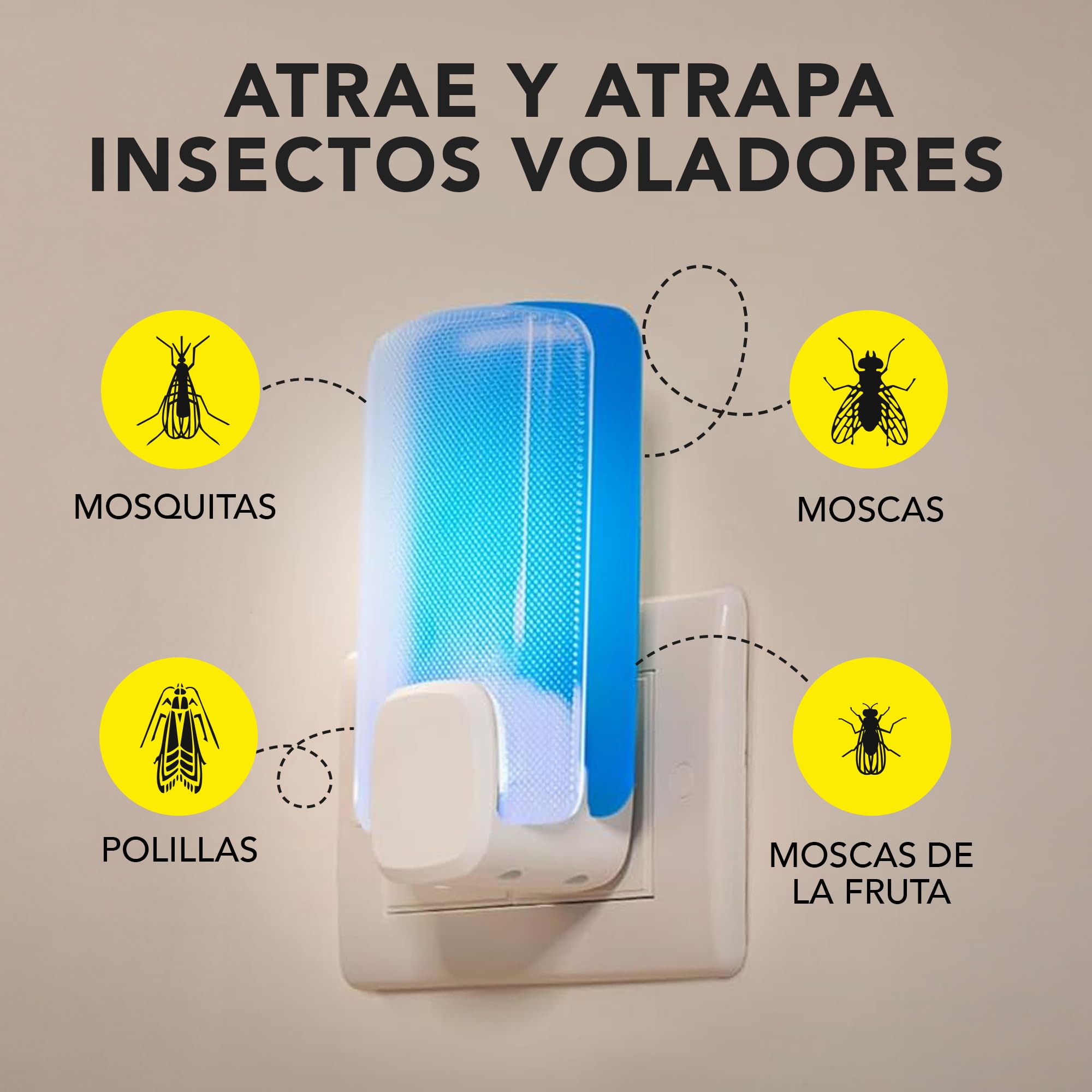 Raid Essentials Trampa LED Antimoscas, Antimoscas de Fruta y Antipolillas, Sin Insecticida, Seguro para Toda la Familia, Inodoro y Sin Residuos, Uso Interior, 1 Aparato y 1 Recambio.