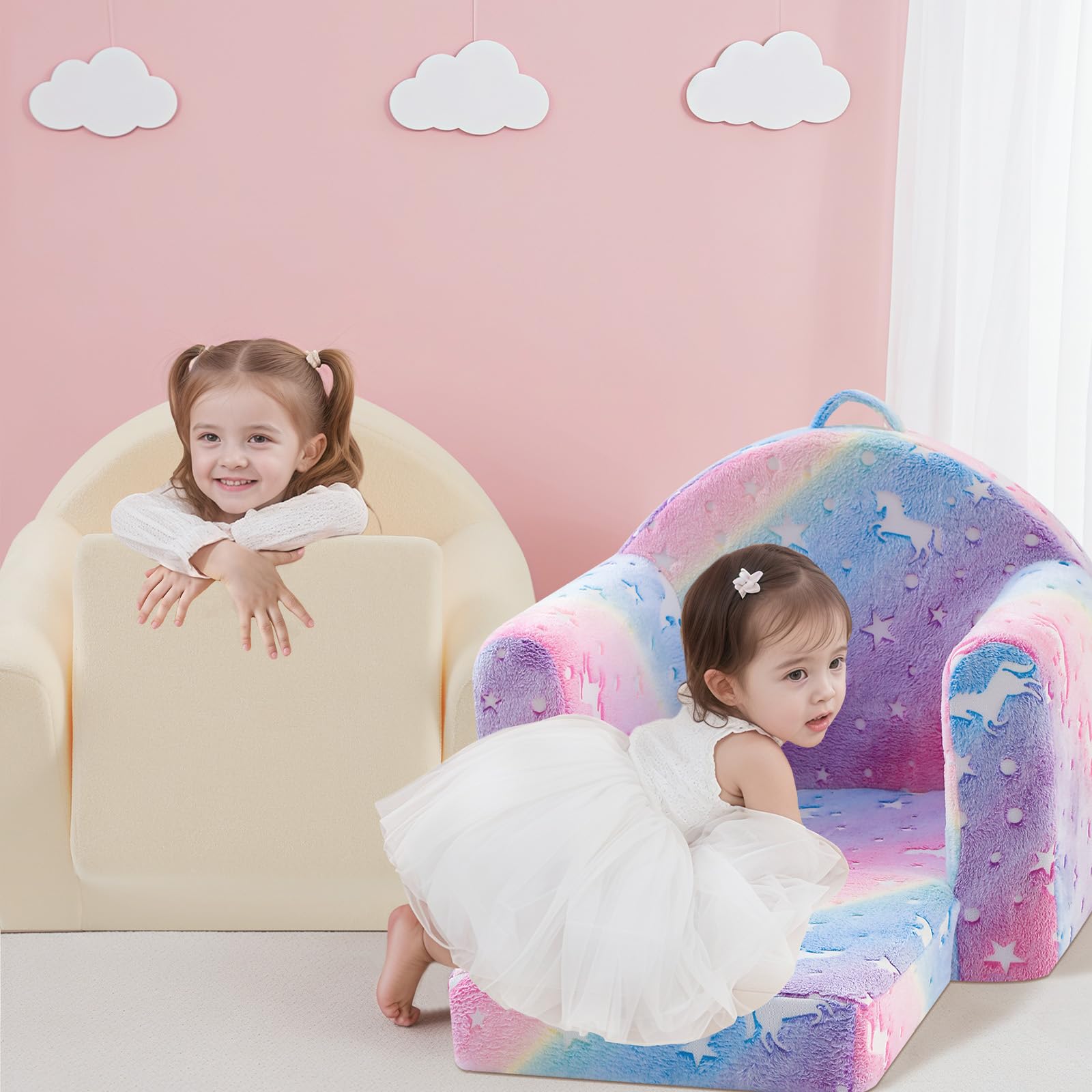 MeMoreCool Divano per bambini, comodo divano per bambini in peluche, divano letto convertibile per bambini, reclinabile e pieghevole, mini divano per bambini da 1 a 3 anni, motivo: unicorno arcobaleno