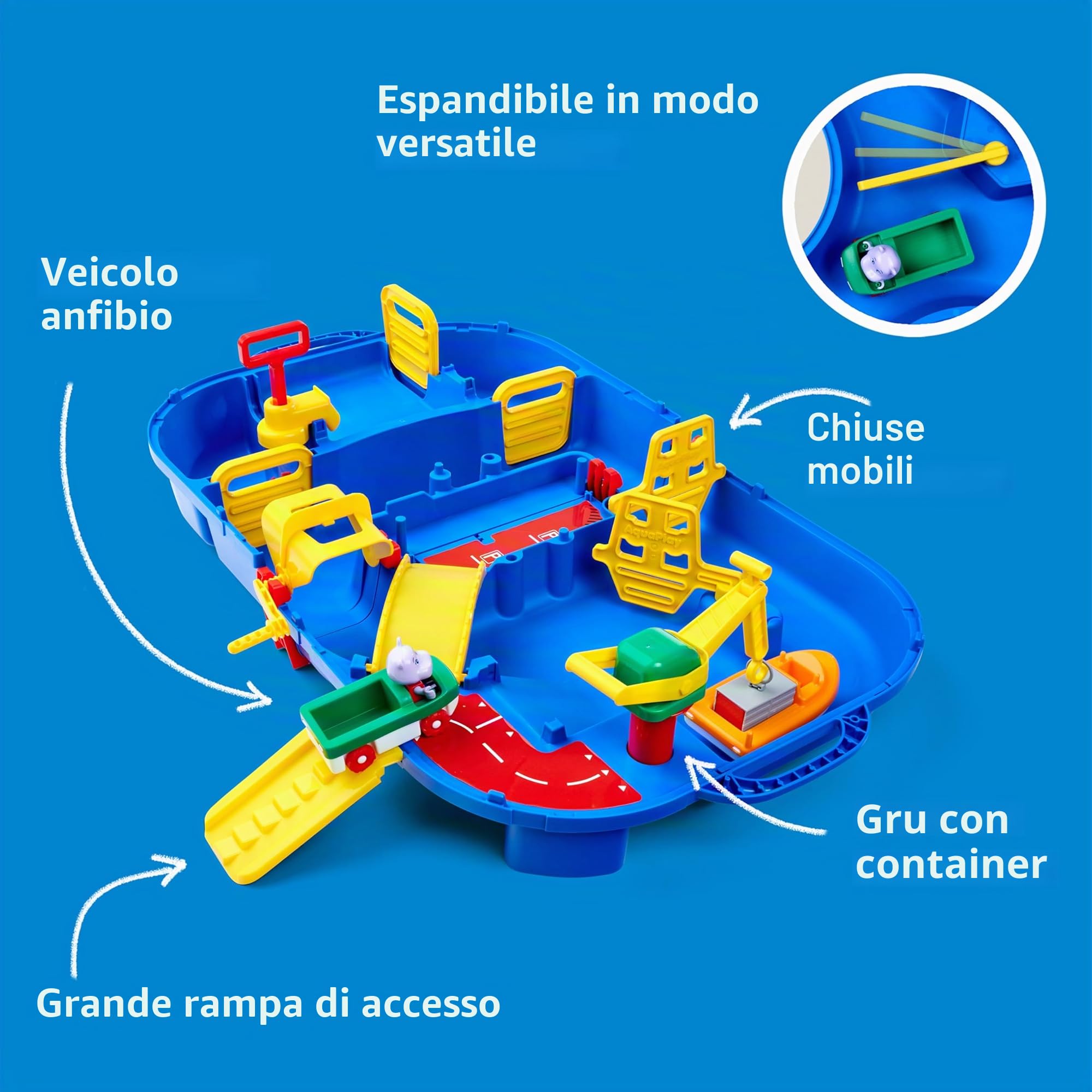 AquaPlay - LockBox – Pista per Trasporto con 27 Pezzi, Set da Gioco Incluso 1 Hippo Wilma, Auto Anfibi e Barca Container, per Bambini dai 3 Anni in su, 8700001516, Blu