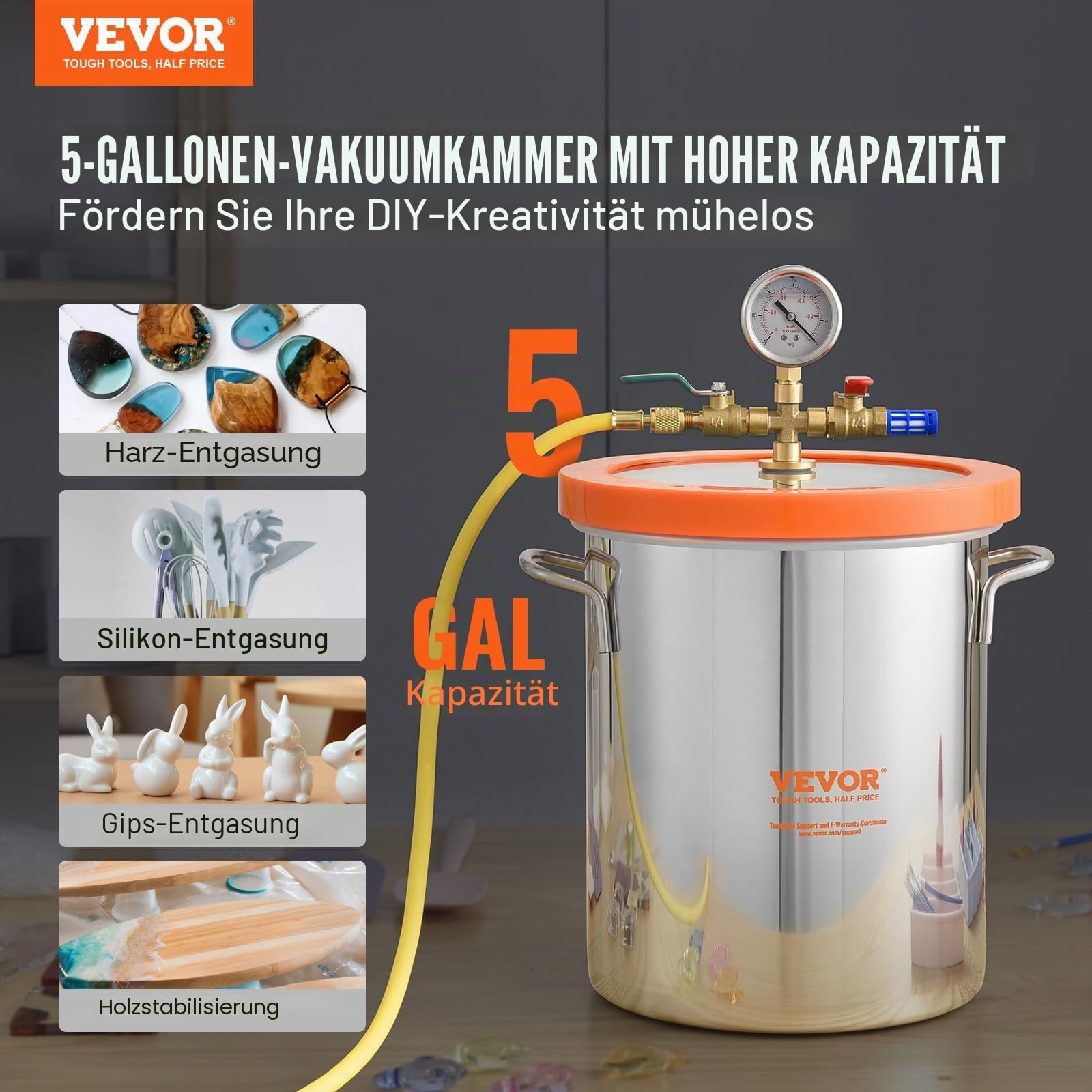 VEVOR 19 L Vakuumkammer Edelstahl Vakuum Entgasungskammer (Durchmesser 28 cm, Höhe 30 cm) Unterdruckpumpe Vakuumkammer Ideal zum Stabilisieren von Holz und Entgasen von Silikon, Harz, Polyurethan