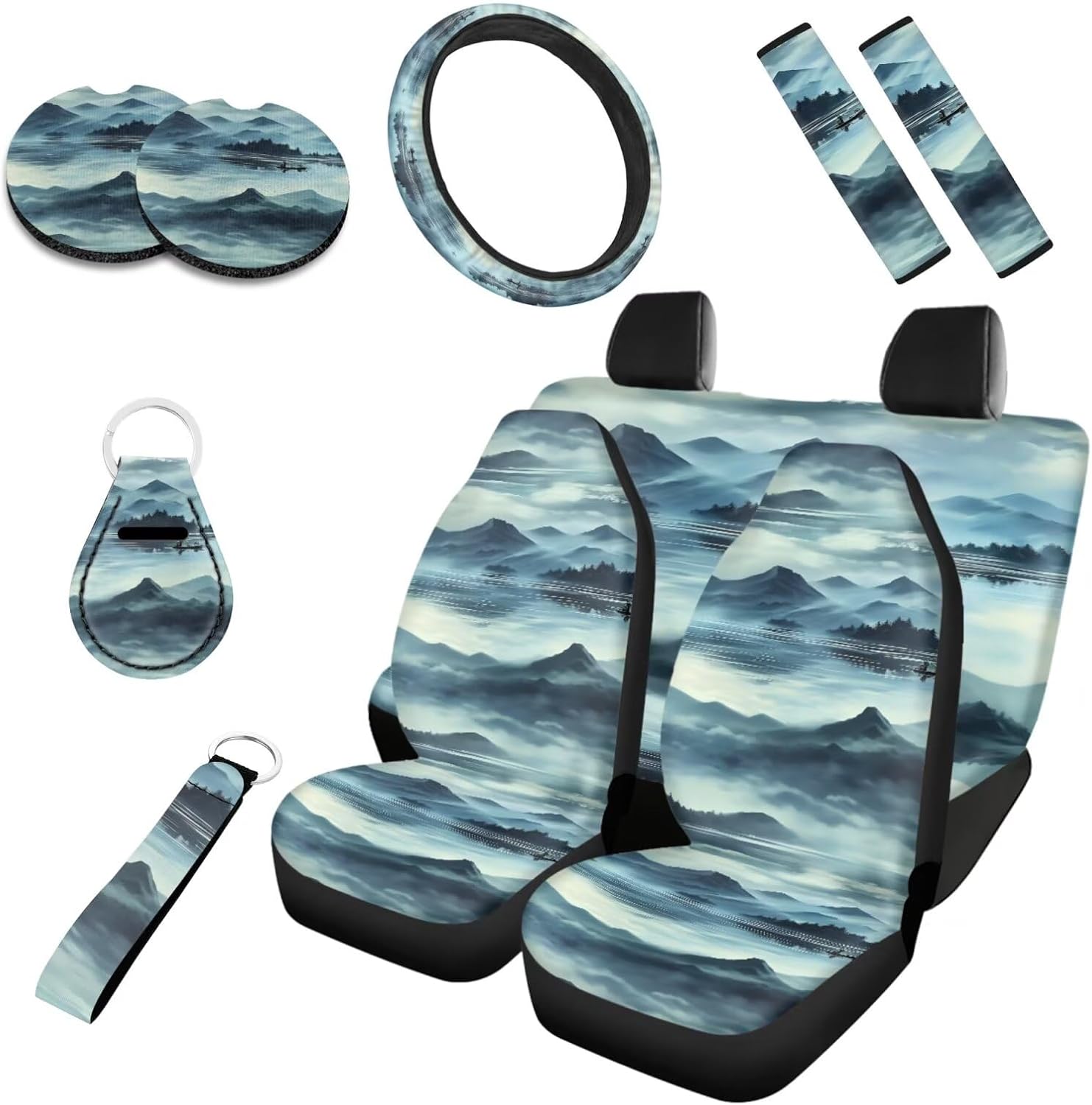 Starry Night Forest 10 Set Car Seat Covers for Women Full Set Starry Sky Tree Pattern Front Back Seats Covers,Seat Belt Pads, Coaster,Keychains