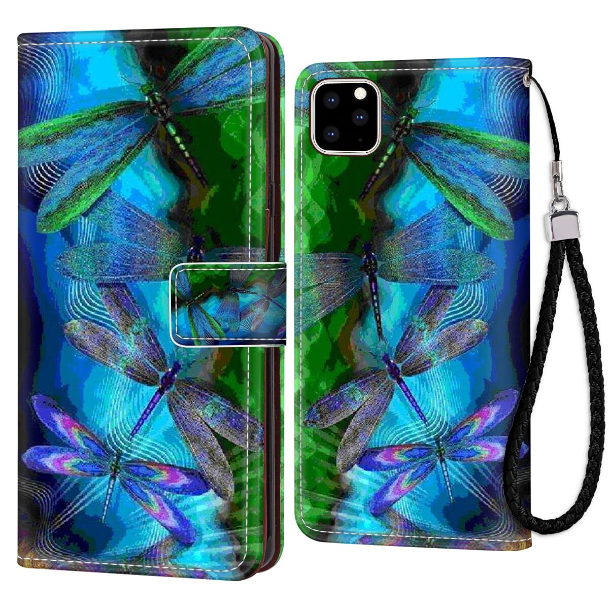 PandaOffice XUYANGZIDONG Wallet Case iPhone 11 Pro 5.8 inch Dragonfly Folio Flip Cover Kickstand Mutiple ID Credit Cards Holder Slots Wrist Strap Money Pocket, Multicolor