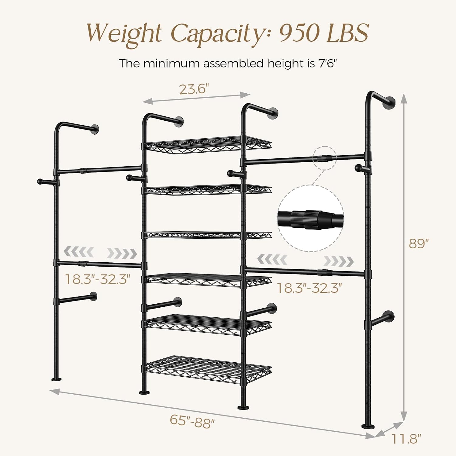 Wall Mounted Closet System, Heavy Duty 3-Row Clothes Rack, Expandable Industrial Pipe Closet Organizers and Storage with 4 Telescopic Rods, 4 Hooks & 6 Shelves for Wardrobe, Bedroom