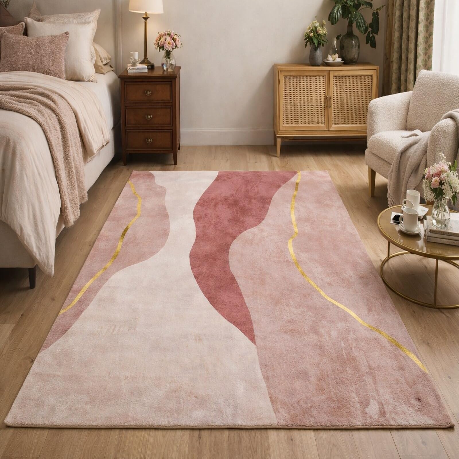 Tapis abstrait moderne rose et jaune rectangulaire 100x200 cm pour protection du sol de salon
