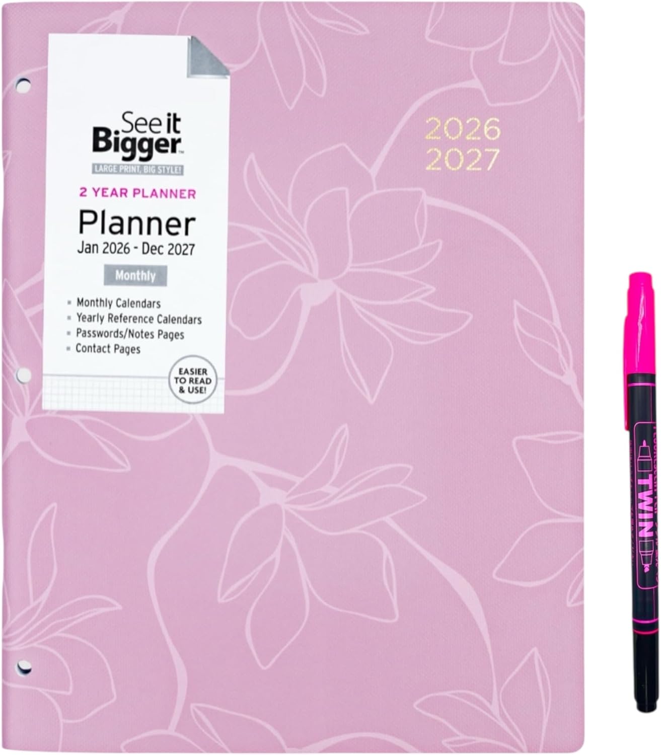 PlanAhead Home/Office 2-Year Monthly Planner, January 2026 - December 2027, 8.5 x 11 Inches See It Bigger Format and SUHEYLA Twin Pen (Floral)