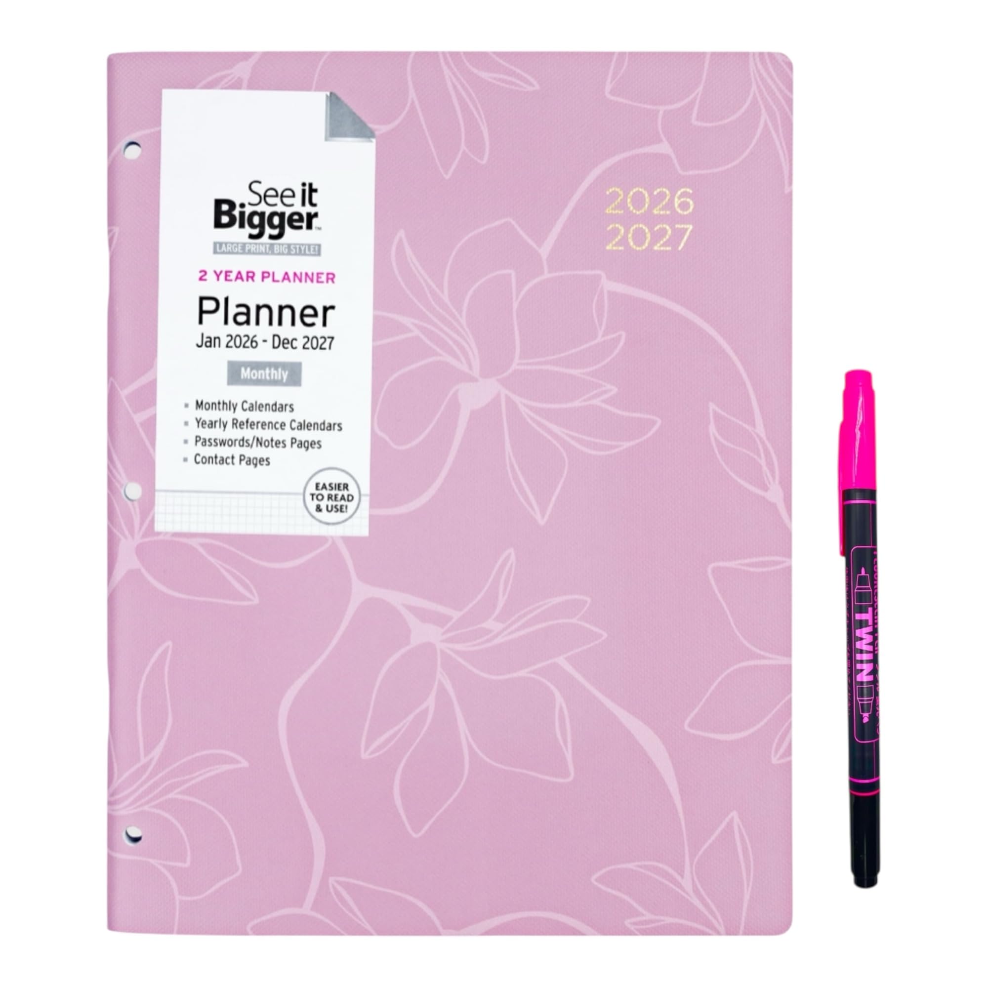 See It Bigger Home/Office 2-Year Medium Monthly Planner, January 2026 – December 2027, 11.5 x 8 Inches and Customizable Twin Pen (Floral Pink)
